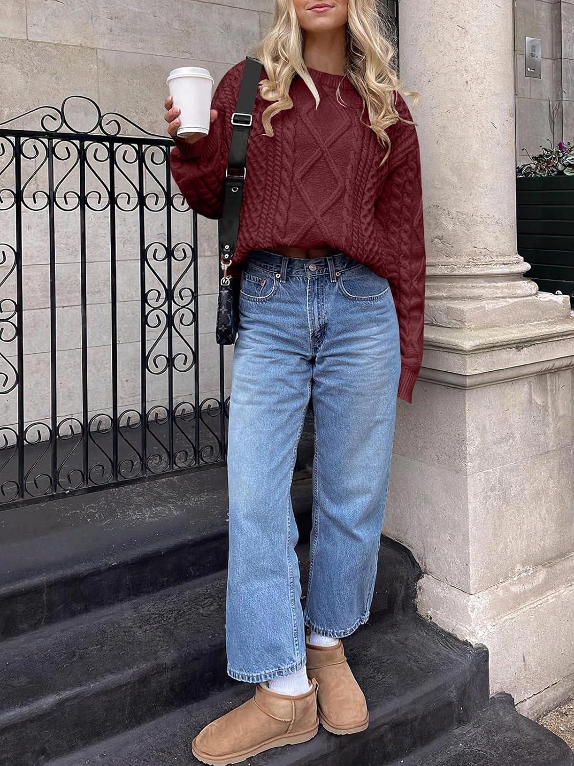 imageANRABESS Sweaters for Women Oversized Crewneck Long Sleeve Casual Loose Cable Knit Pullover Tops 2024 Fall Vintage ClothesBurgundy