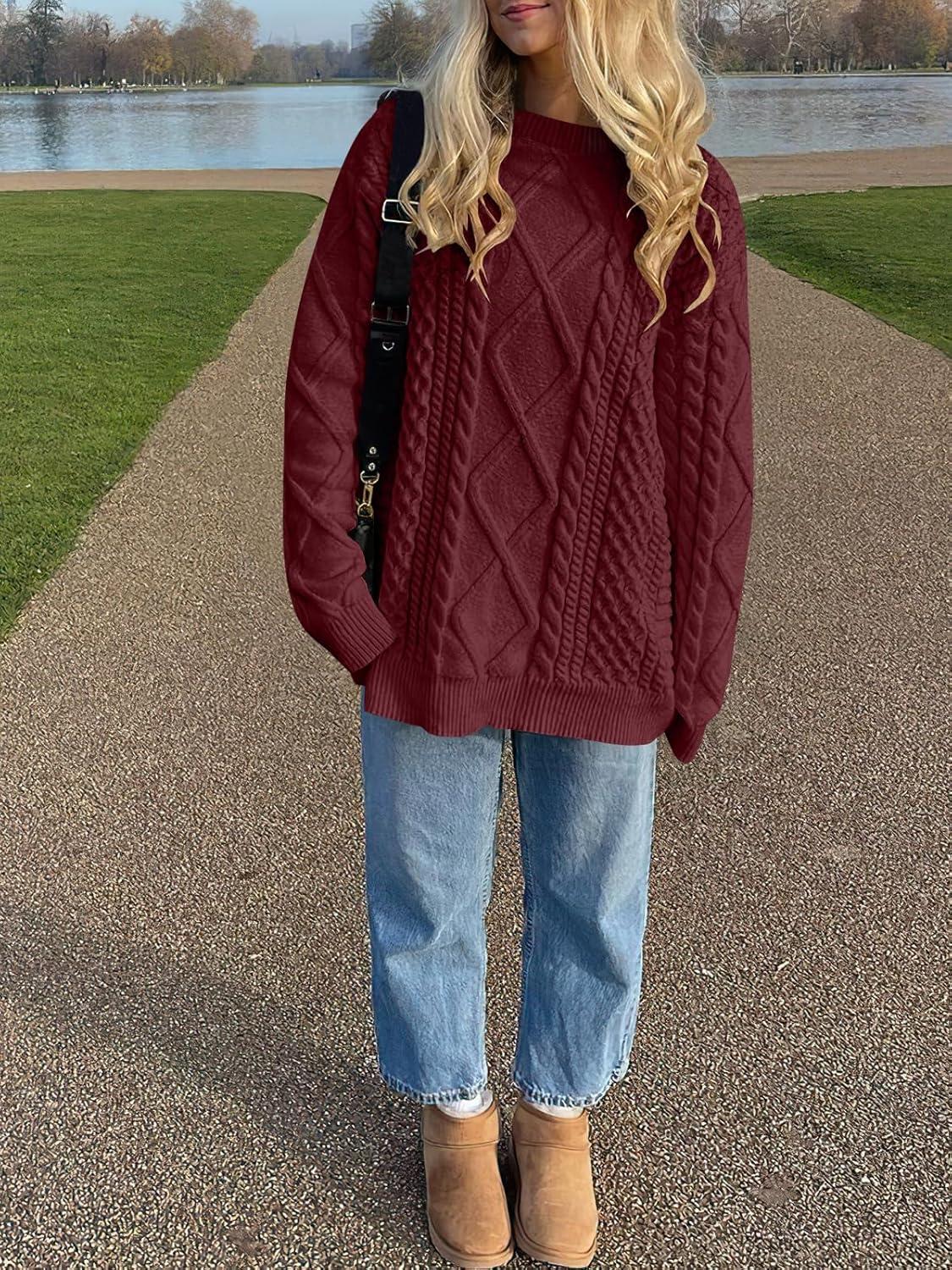 imageANRABESS Sweaters for Women Oversized Crewneck Long Sleeve Casual Loose Cable Knit Pullover Tops 2024 Fall Vintage ClothesBurgundy