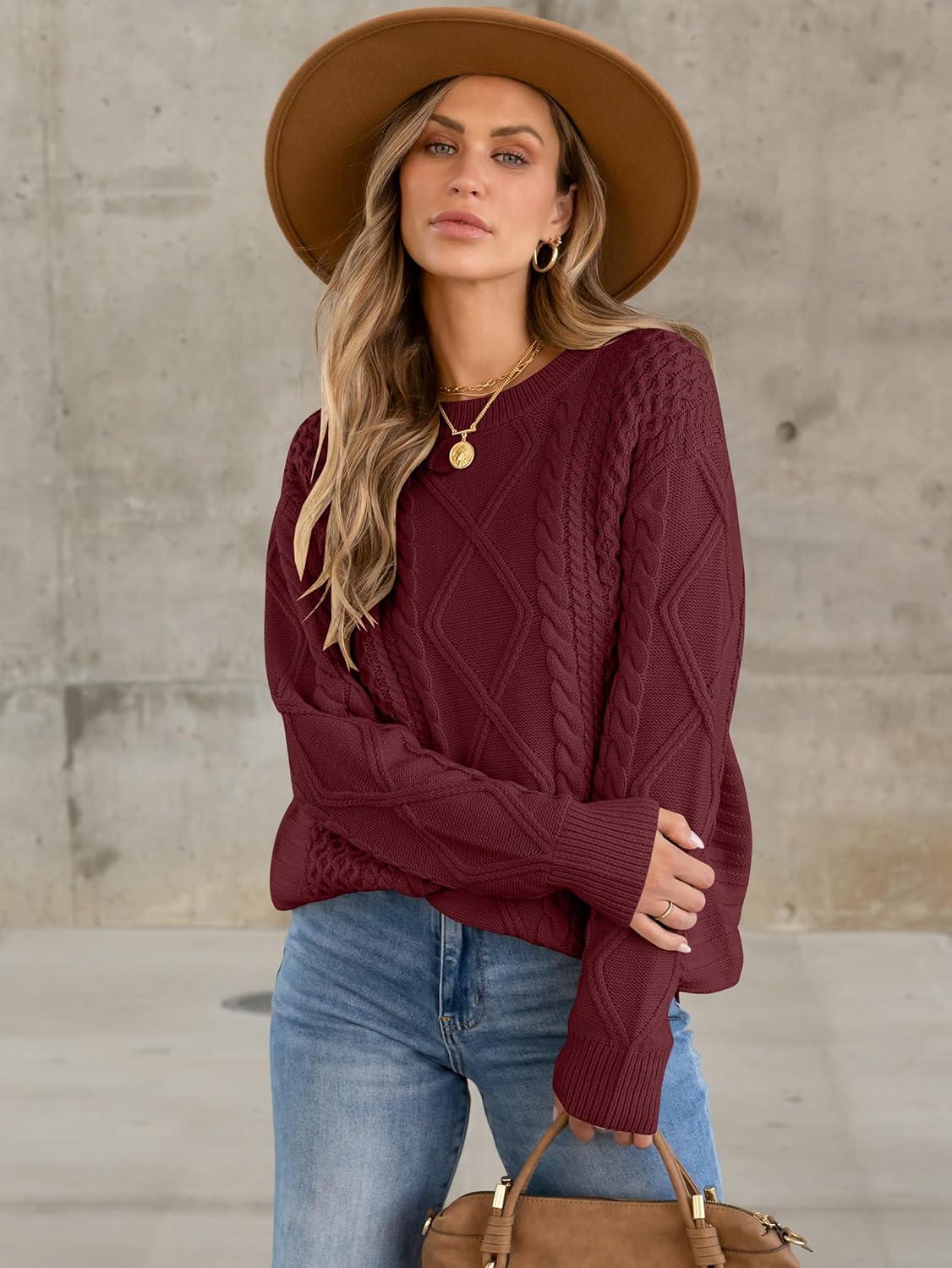 imageANRABESS Sweaters for Women Oversized Crewneck Long Sleeve Casual Loose Cable Knit Pullover Tops 2024 Fall Vintage ClothesBurgundy