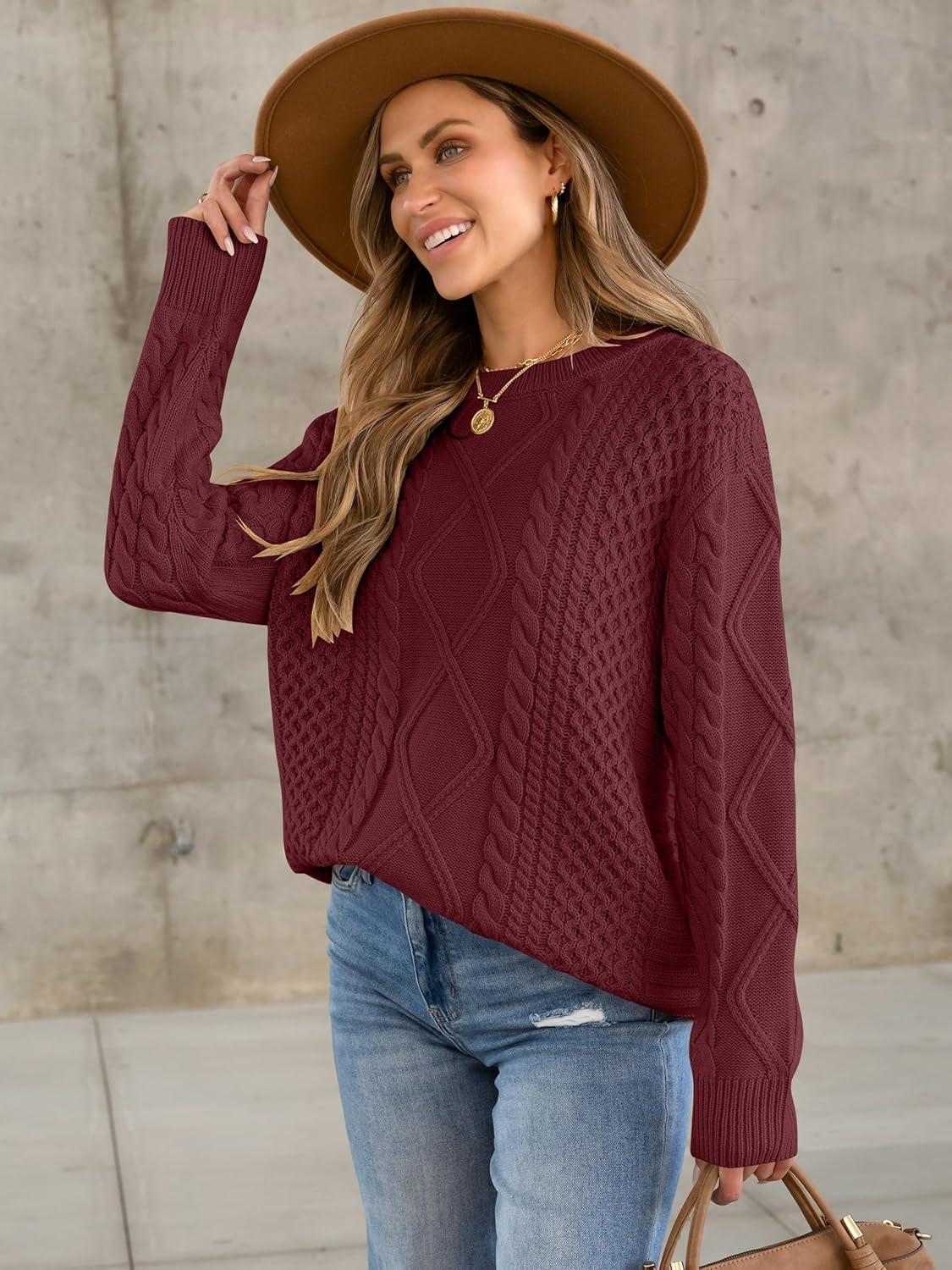 imageANRABESS Sweaters for Women Oversized Crewneck Long Sleeve Casual Loose Cable Knit Pullover Tops 2024 Fall Vintage ClothesBurgundy