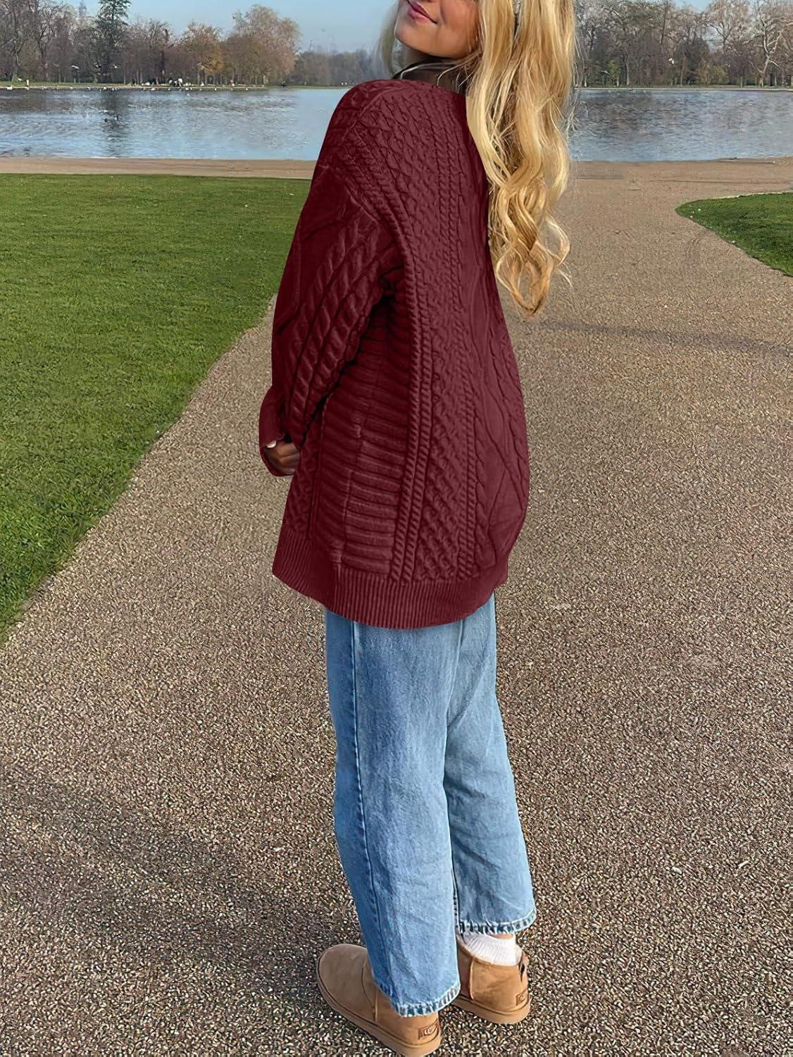imageANRABESS Sweaters for Women Oversized Crewneck Long Sleeve Casual Loose Cable Knit Pullover Tops 2024 Fall Vintage ClothesBurgundy