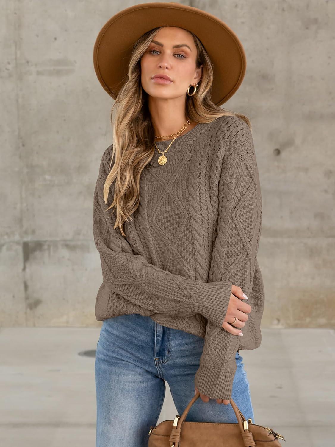 imageANRABESS Sweaters for Women Oversized Crewneck Long Sleeve Casual Loose Cable Knit Pullover Tops 2024 Fall Vintage ClothesCoffee