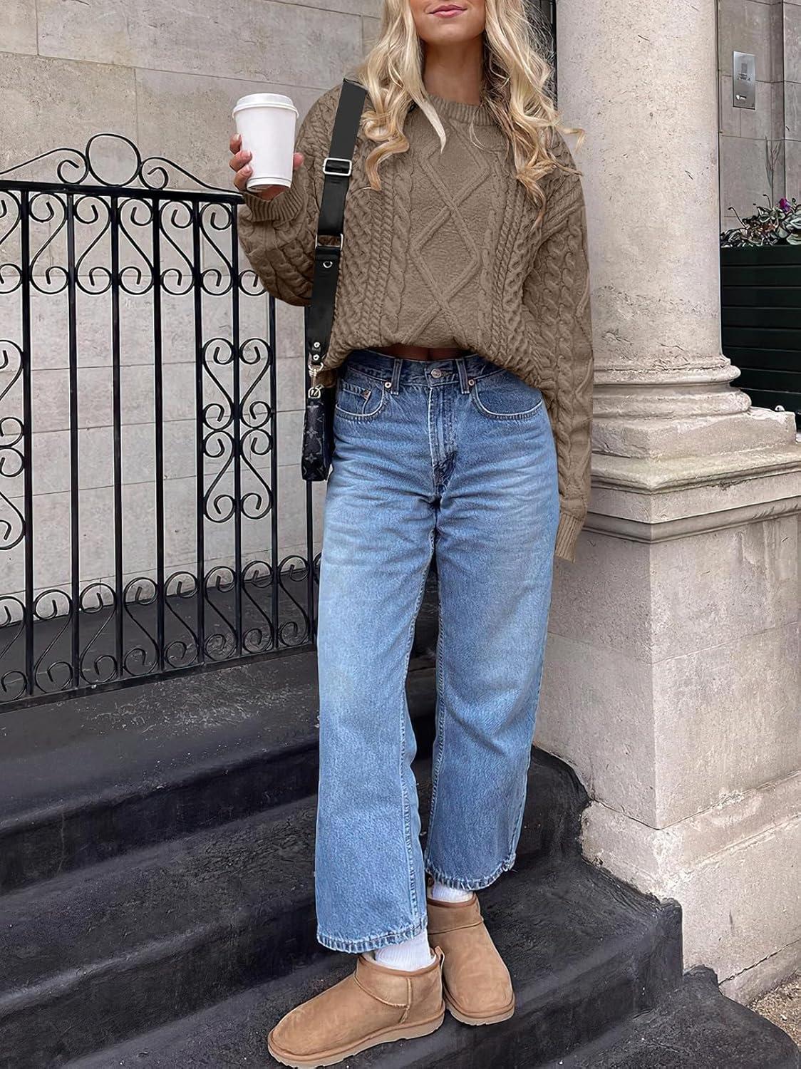 imageANRABESS Sweaters for Women Oversized Crewneck Long Sleeve Casual Loose Cable Knit Pullover Tops 2024 Fall Vintage ClothesCoffee