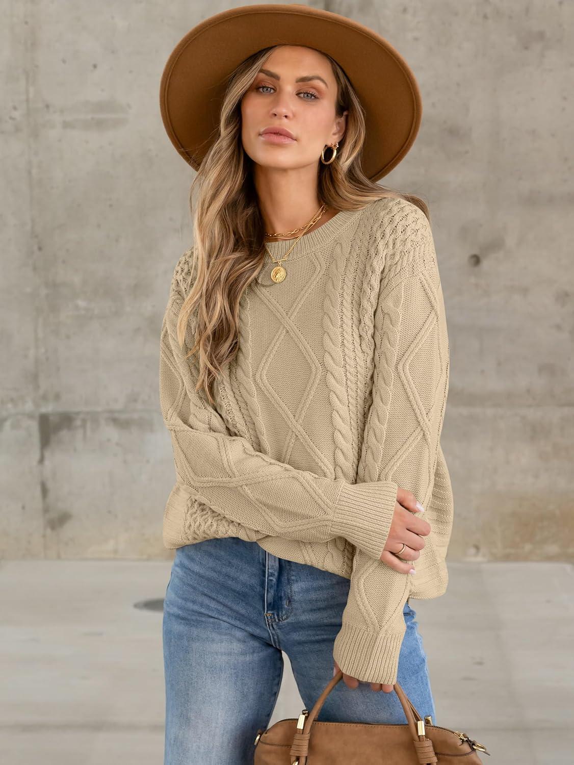 imageANRABESS Sweaters for Women Oversized Crewneck Long Sleeve Casual Loose Cable Knit Pullover Tops 2024 Fall Vintage ClothesDeep Apricot