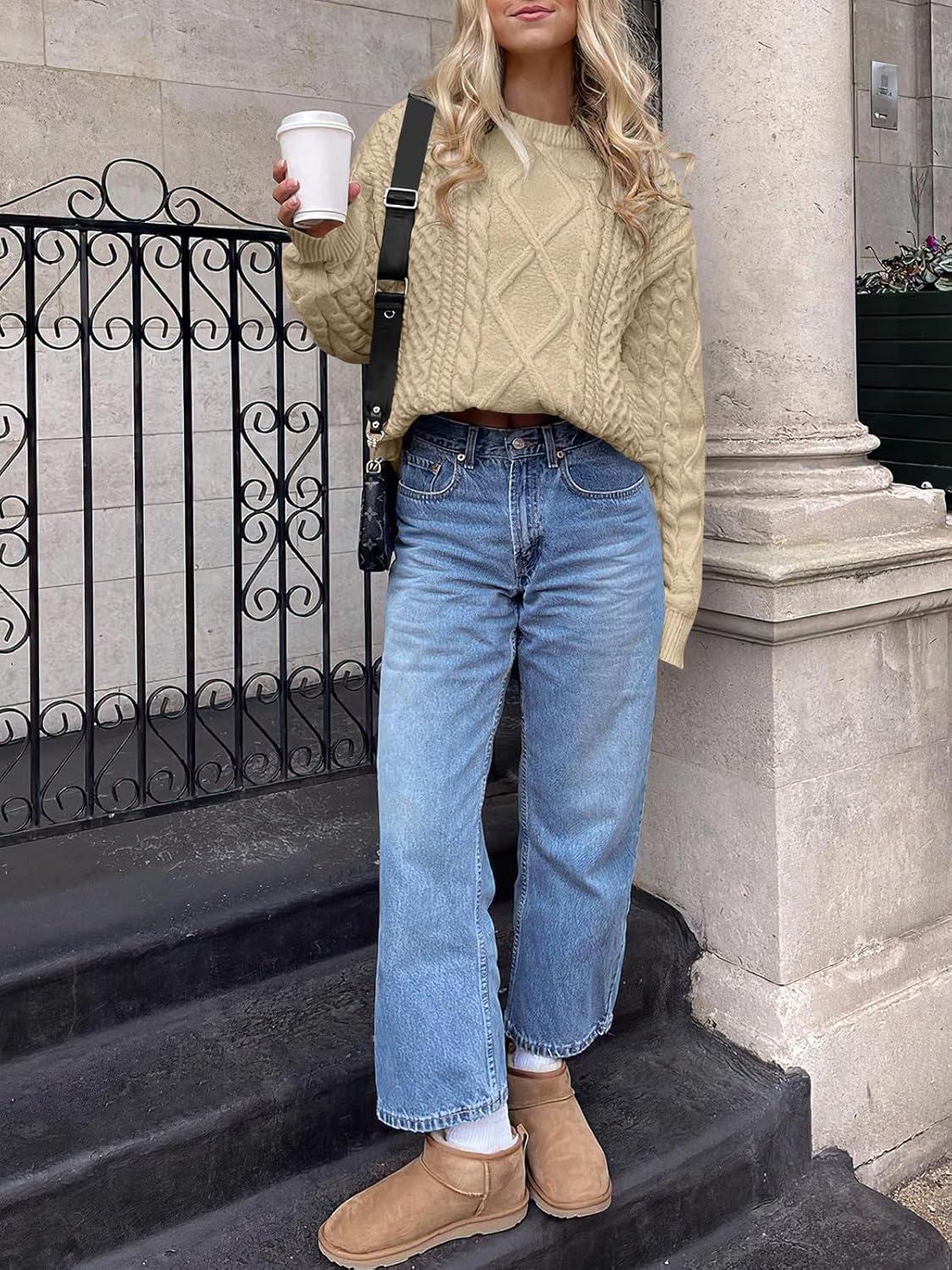 imageANRABESS Sweaters for Women Oversized Crewneck Long Sleeve Casual Loose Cable Knit Pullover Tops 2024 Fall Vintage ClothesDeep Apricot