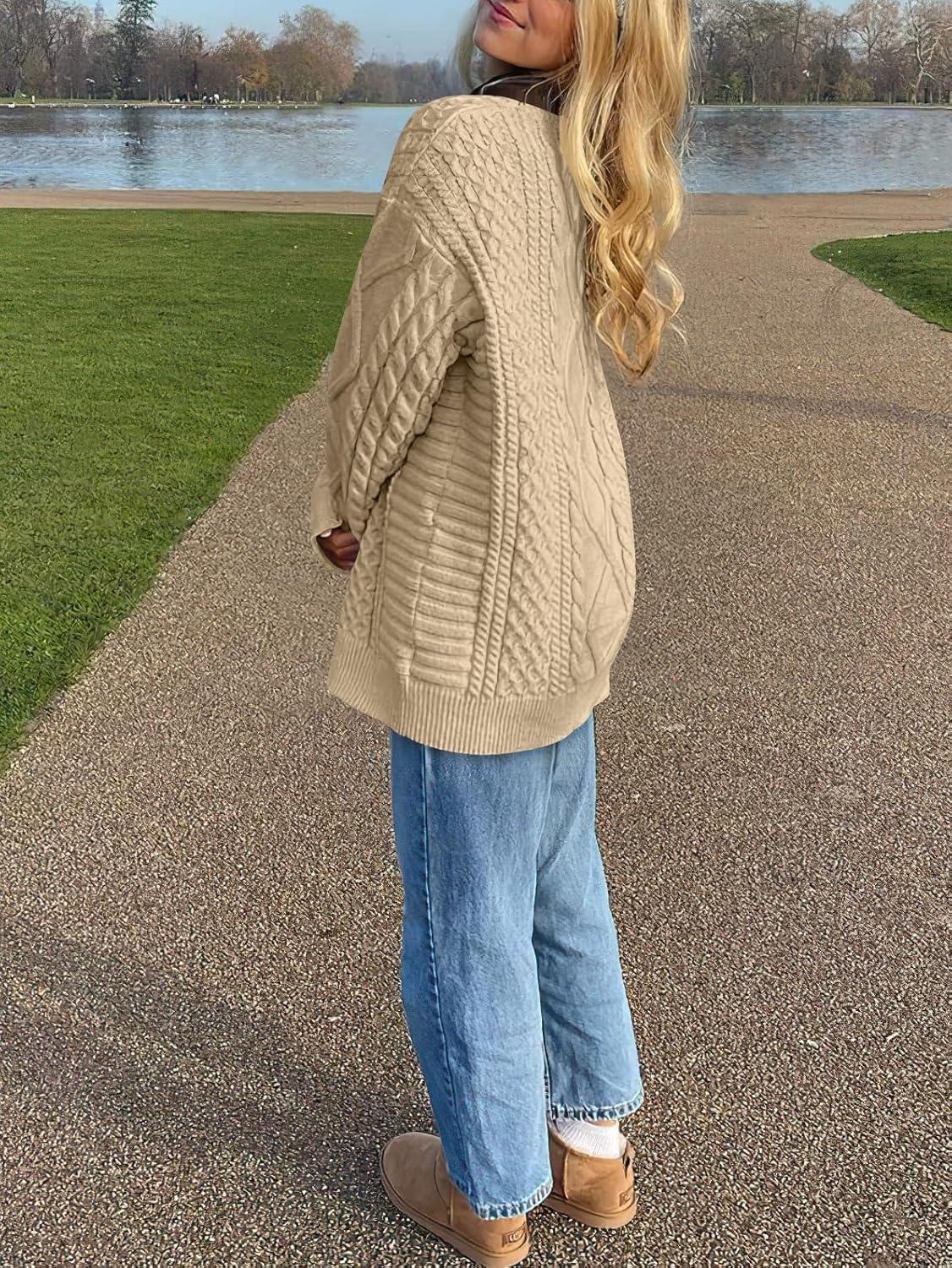 imageANRABESS Sweaters for Women Oversized Crewneck Long Sleeve Casual Loose Cable Knit Pullover Tops 2024 Fall Vintage ClothesDeep Apricot