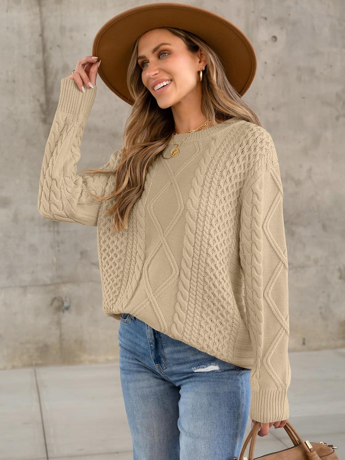 imageANRABESS Sweaters for Women Oversized Crewneck Long Sleeve Casual Loose Cable Knit Pullover Tops 2024 Fall Vintage ClothesDeep Apricot