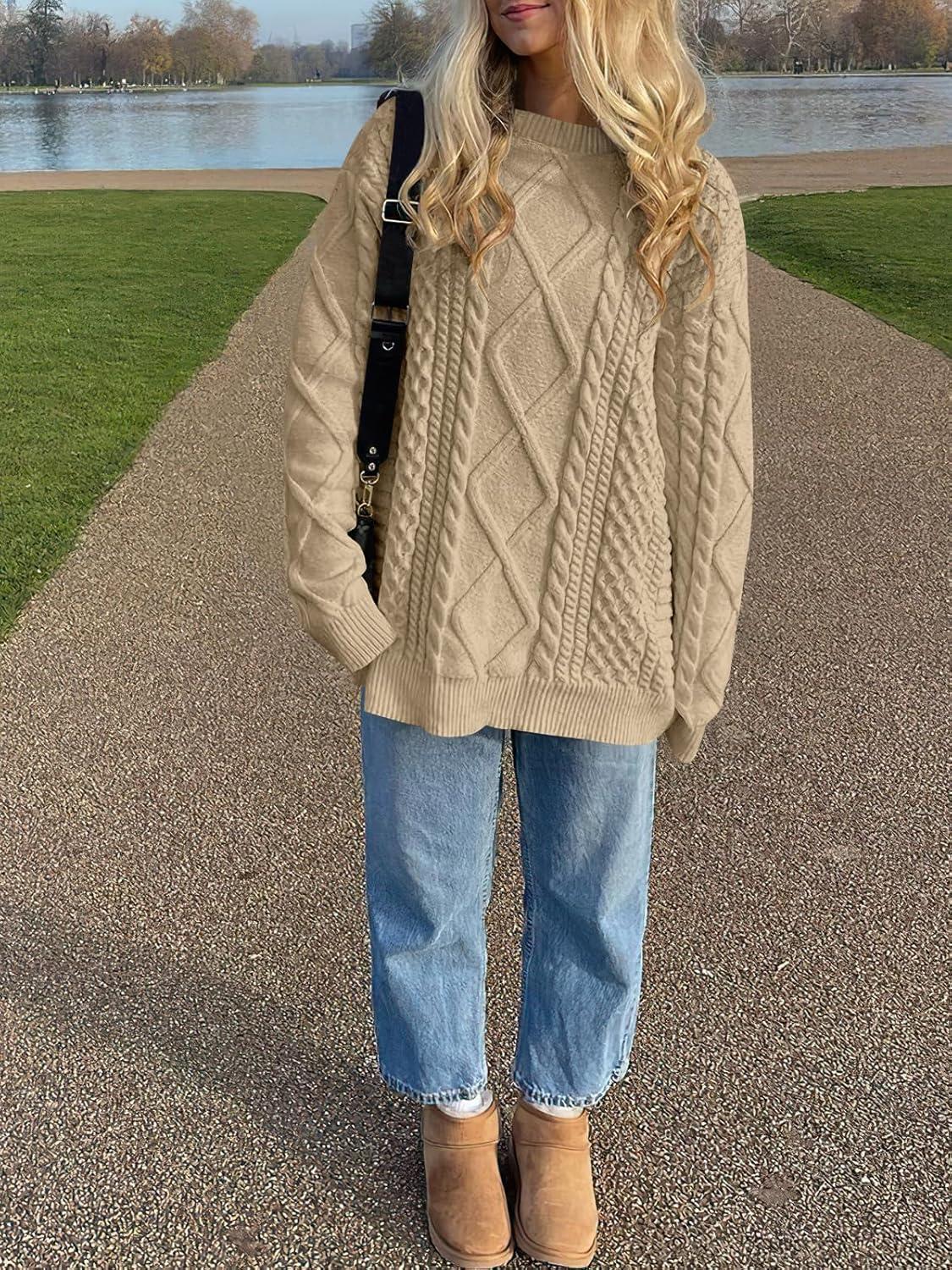 imageANRABESS Sweaters for Women Oversized Crewneck Long Sleeve Casual Loose Cable Knit Pullover Tops 2024 Fall Vintage ClothesDeep Apricot