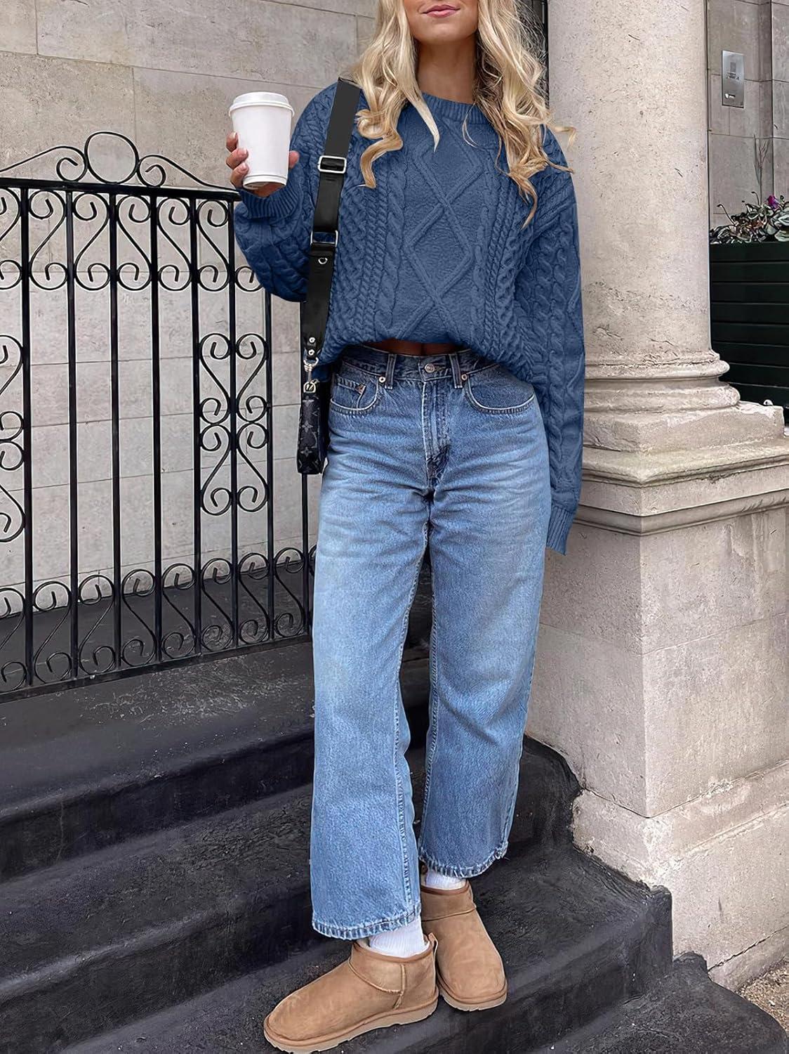 imageANRABESS Sweaters for Women Oversized Crewneck Long Sleeve Casual Loose Cable Knit Pullover Tops 2024 Fall Vintage ClothesDeep Blue