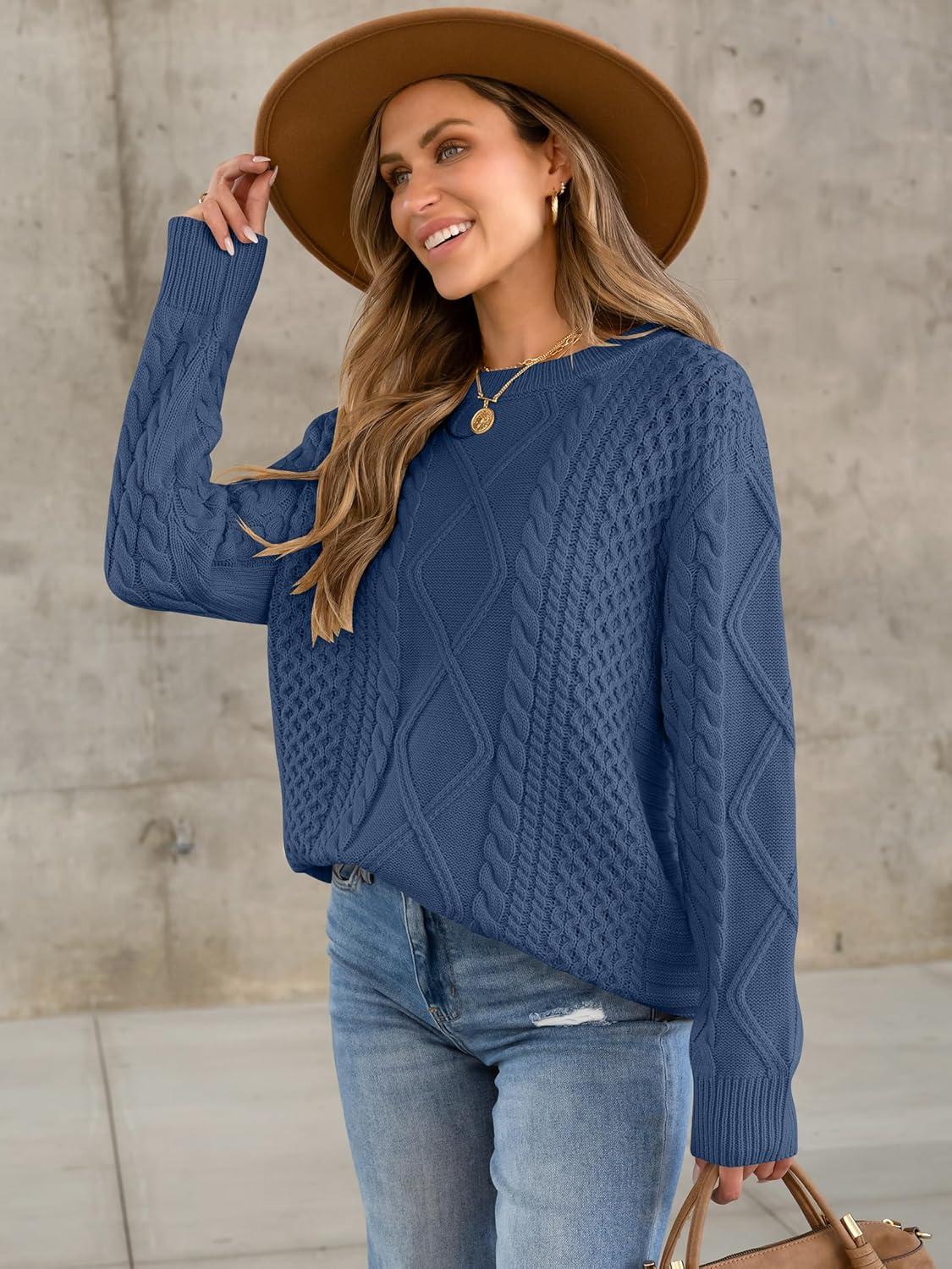 imageANRABESS Sweaters for Women Oversized Crewneck Long Sleeve Casual Loose Cable Knit Pullover Tops 2024 Fall Vintage ClothesDeep Blue