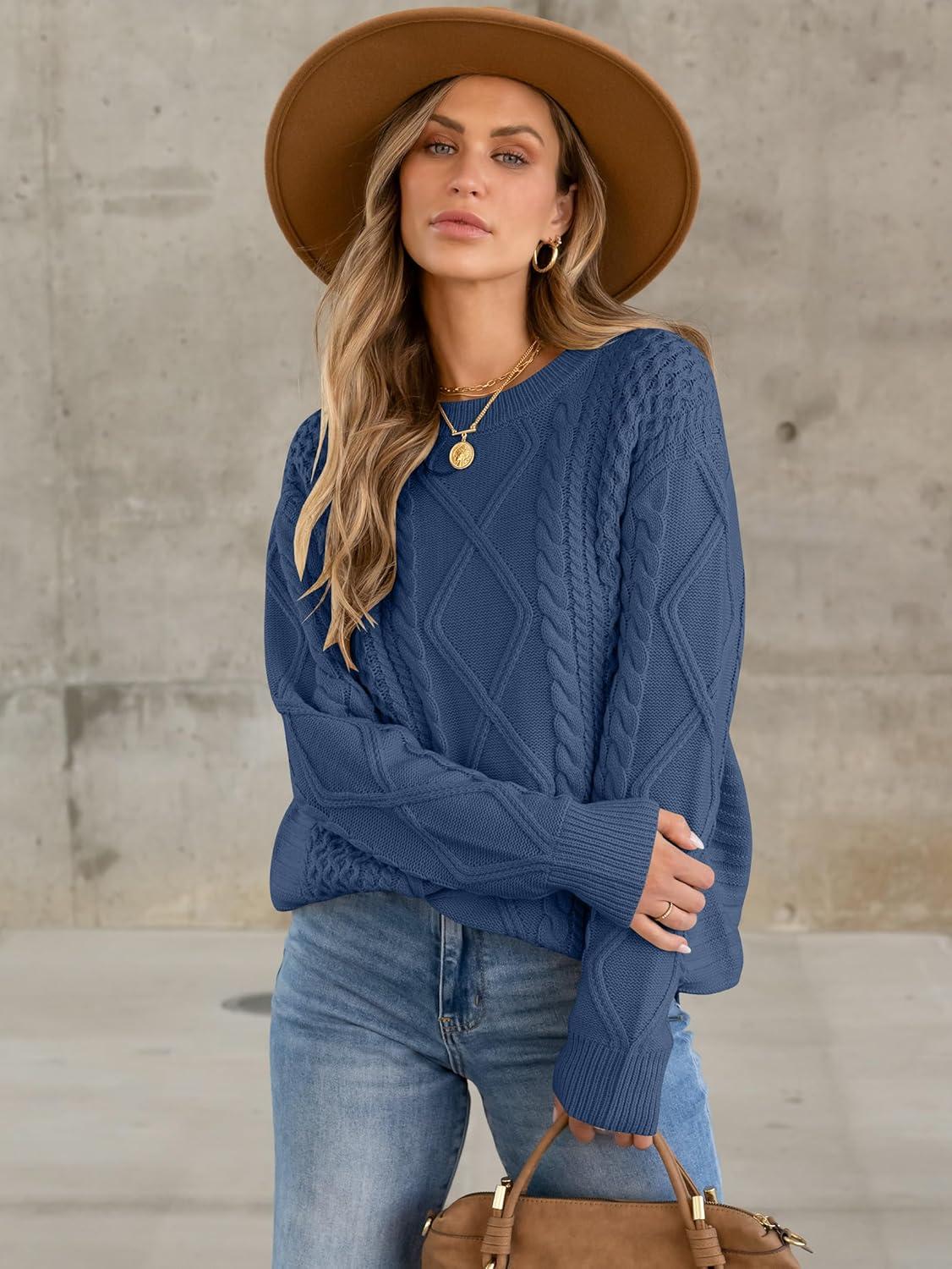imageANRABESS Sweaters for Women Oversized Crewneck Long Sleeve Casual Loose Cable Knit Pullover Tops 2024 Fall Vintage ClothesDeep Blue
