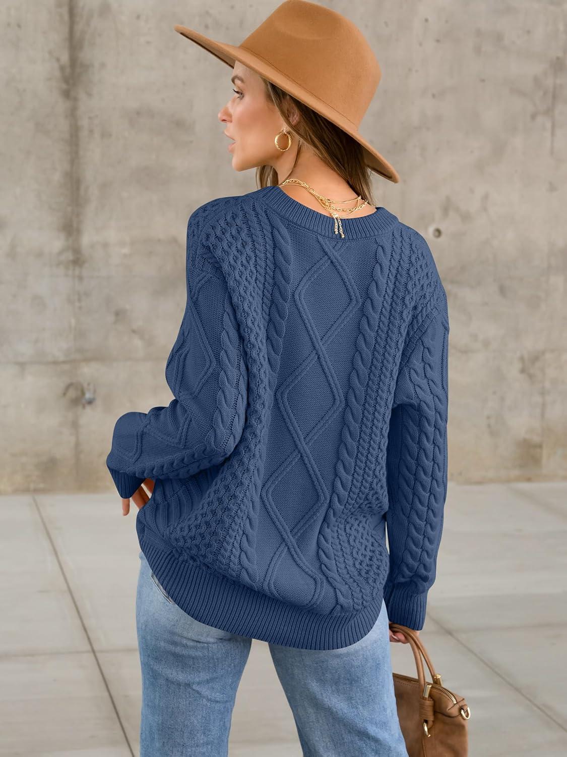 imageANRABESS Sweaters for Women Oversized Crewneck Long Sleeve Casual Loose Cable Knit Pullover Tops 2024 Fall Vintage ClothesDeep Blue