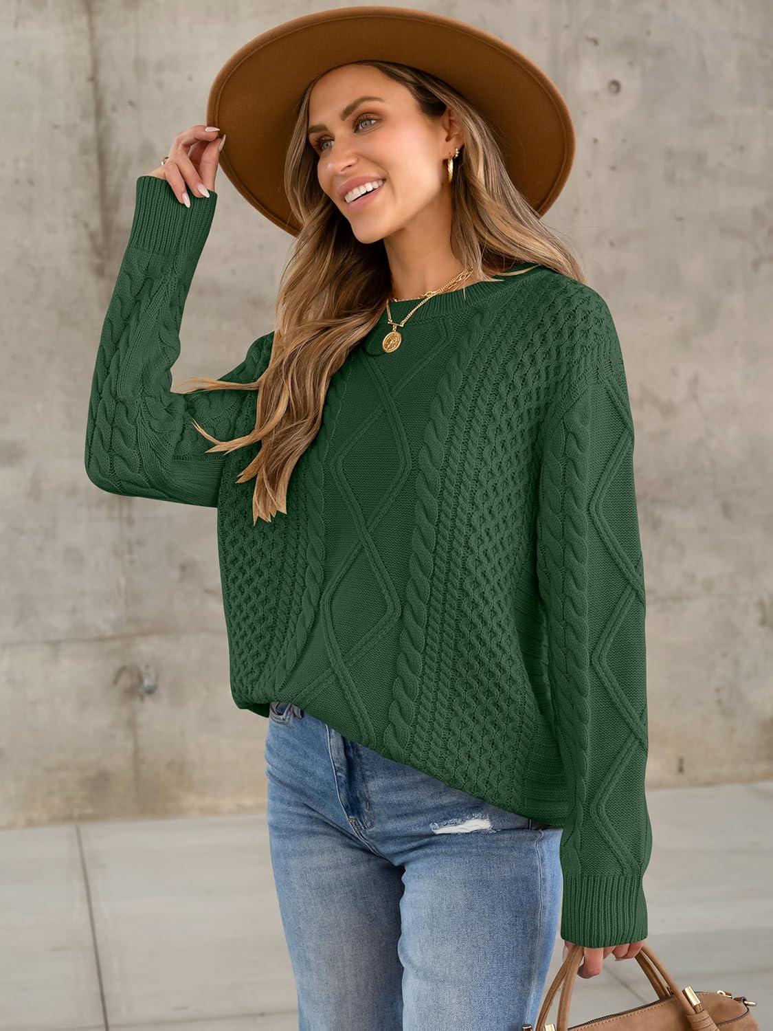 imageANRABESS Sweaters for Women Oversized Crewneck Long Sleeve Casual Loose Cable Knit Pullover Tops 2024 Fall Vintage ClothesDeep Green