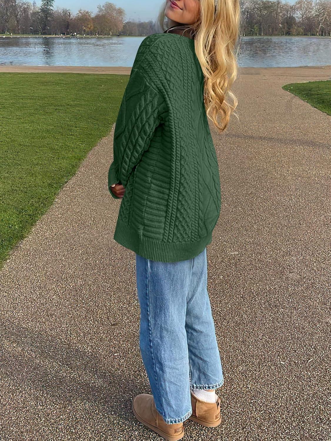 imageANRABESS Sweaters for Women Oversized Crewneck Long Sleeve Casual Loose Cable Knit Pullover Tops 2024 Fall Vintage ClothesDeep Green