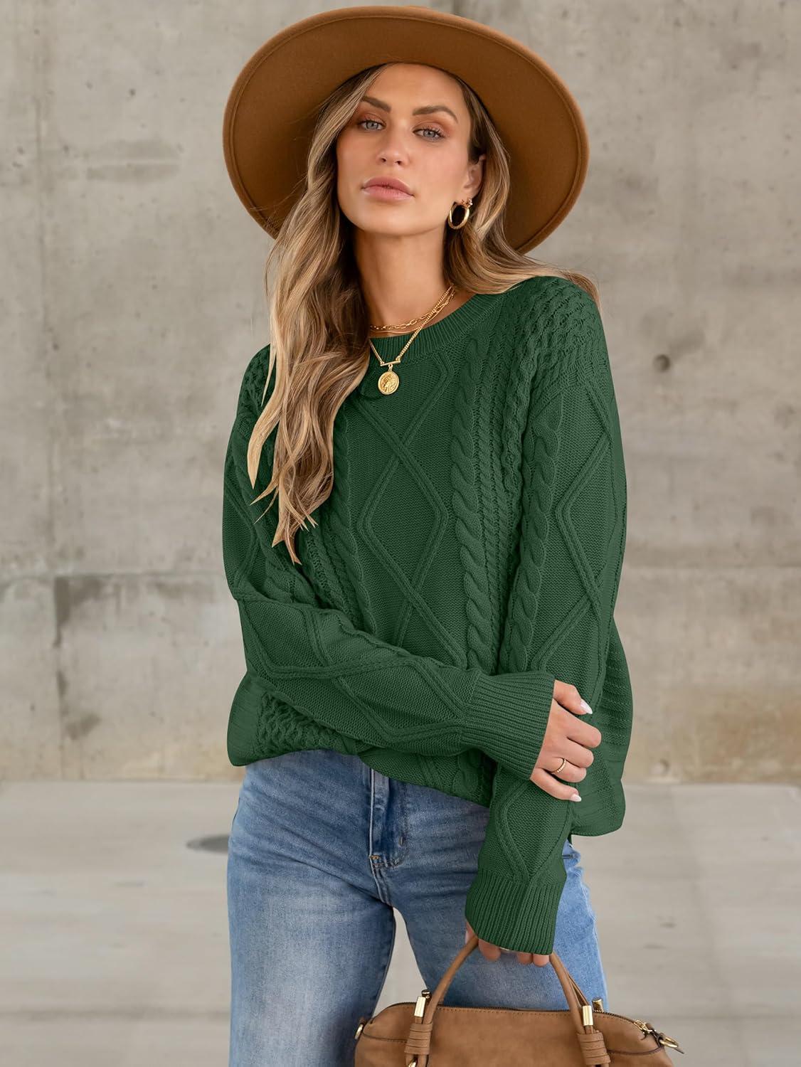 imageANRABESS Sweaters for Women Oversized Crewneck Long Sleeve Casual Loose Cable Knit Pullover Tops 2024 Fall Vintage ClothesDeep Green