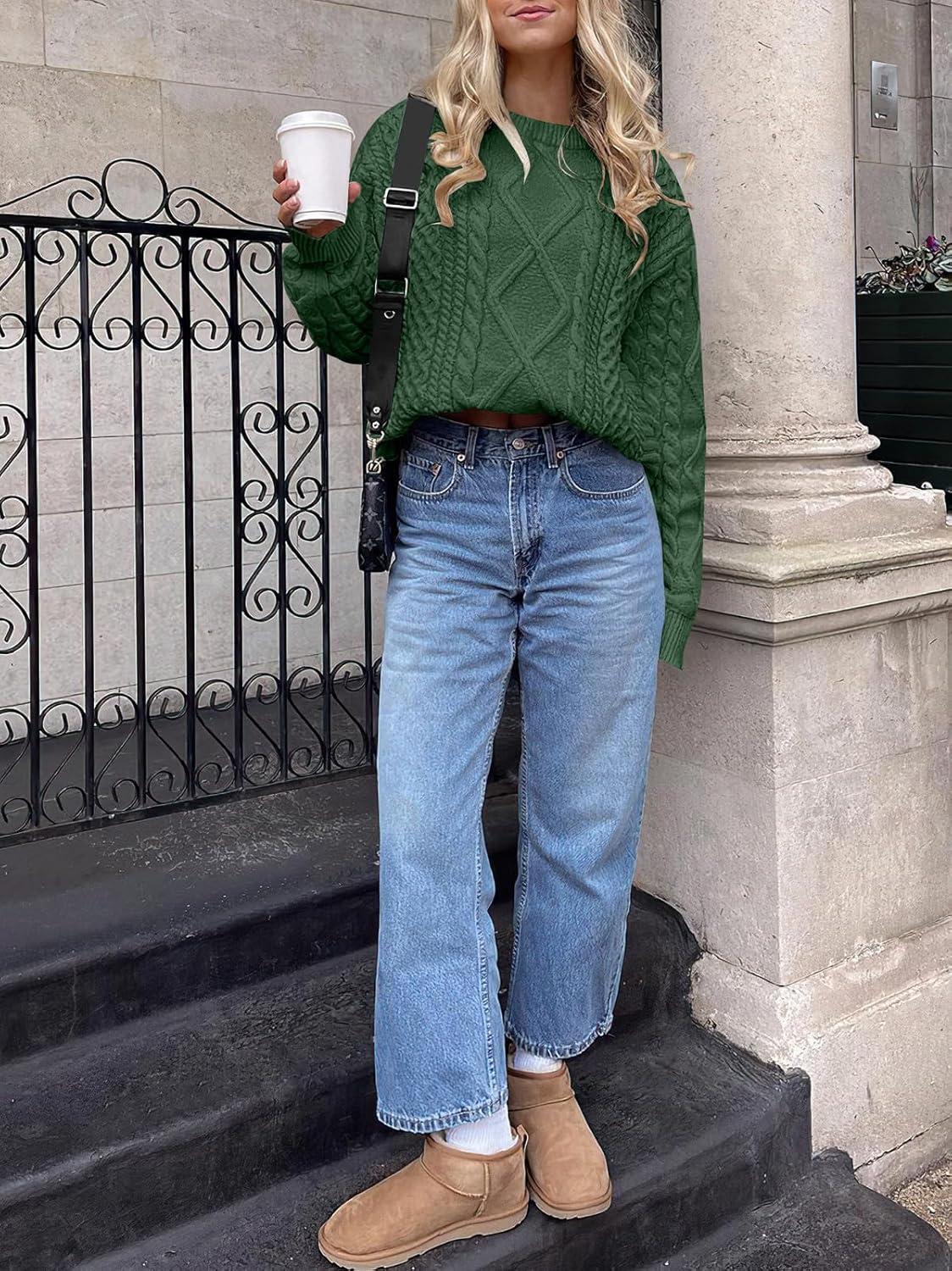 imageANRABESS Sweaters for Women Oversized Crewneck Long Sleeve Casual Loose Cable Knit Pullover Tops 2024 Fall Vintage ClothesDeep Green
