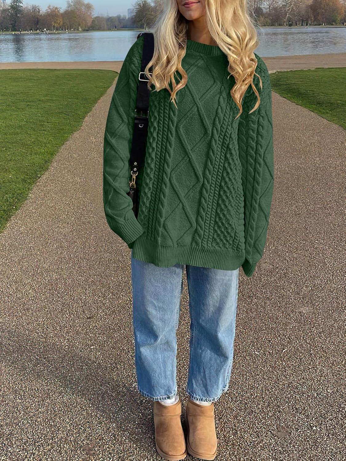 imageANRABESS Sweaters for Women Oversized Crewneck Long Sleeve Casual Loose Cable Knit Pullover Tops 2024 Fall Vintage ClothesDeep Green