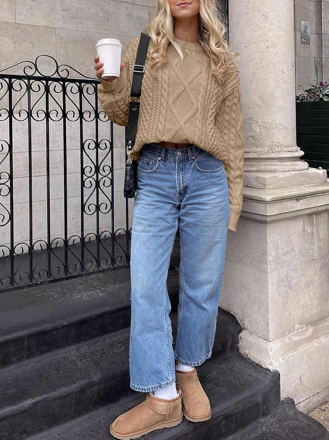 imageANRABESS Sweaters for Women Oversized Crewneck Long Sleeve Casual Loose Cable Knit Pullover Tops 2024 Fall Vintage ClothesKhaki