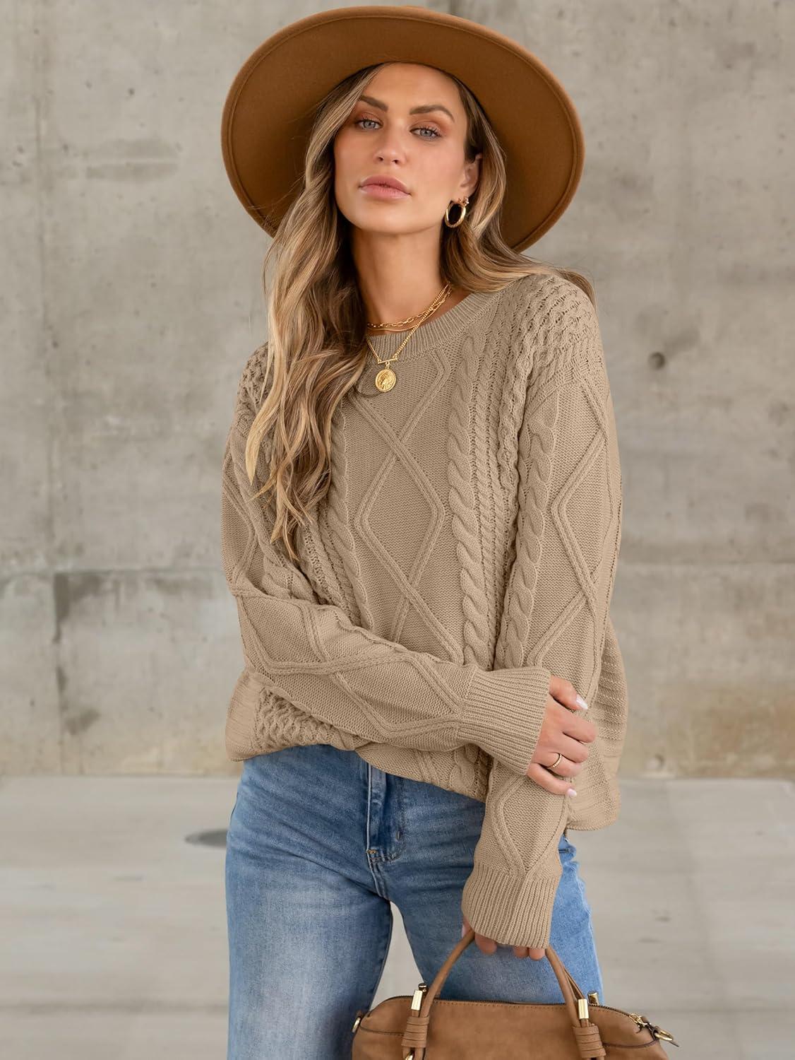 imageANRABESS Sweaters for Women Oversized Crewneck Long Sleeve Casual Loose Cable Knit Pullover Tops 2024 Fall Vintage ClothesKhaki