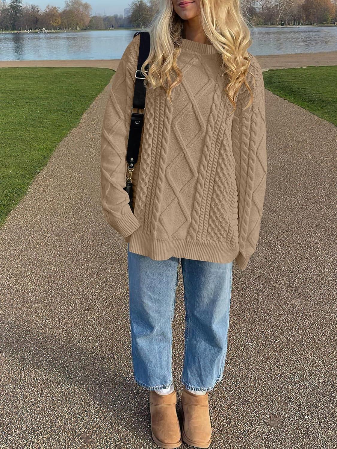 imageANRABESS Sweaters for Women Oversized Crewneck Long Sleeve Casual Loose Cable Knit Pullover Tops 2024 Fall Vintage ClothesKhaki