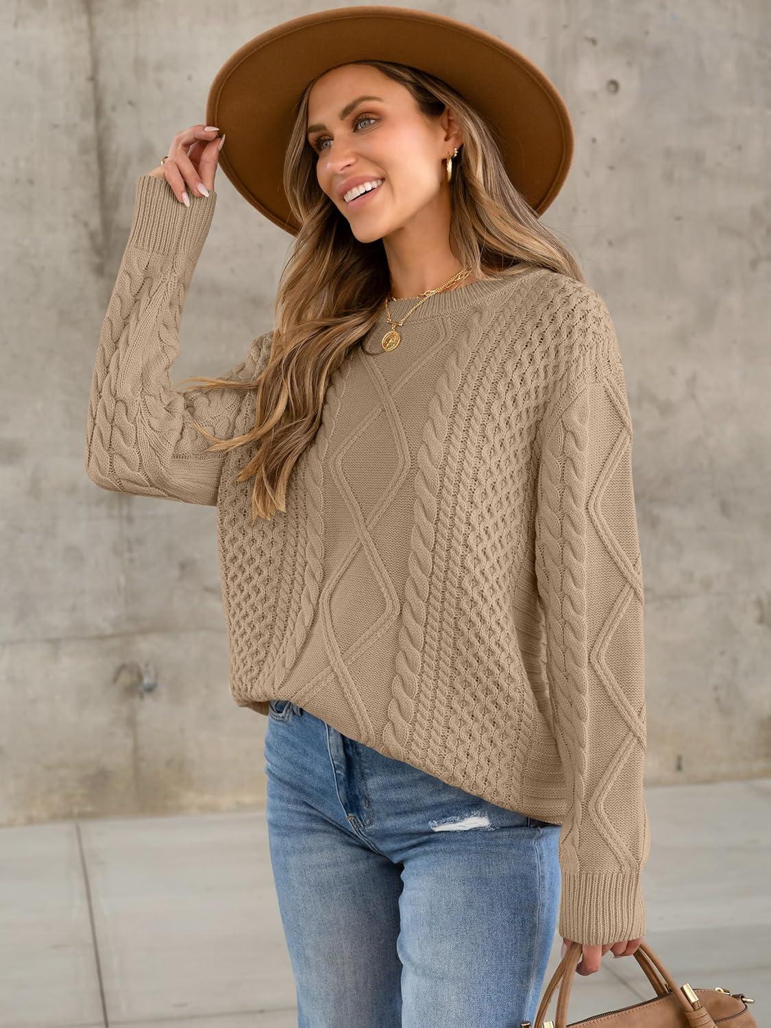 imageANRABESS Sweaters for Women Oversized Crewneck Long Sleeve Casual Loose Cable Knit Pullover Tops 2024 Fall Vintage ClothesKhaki