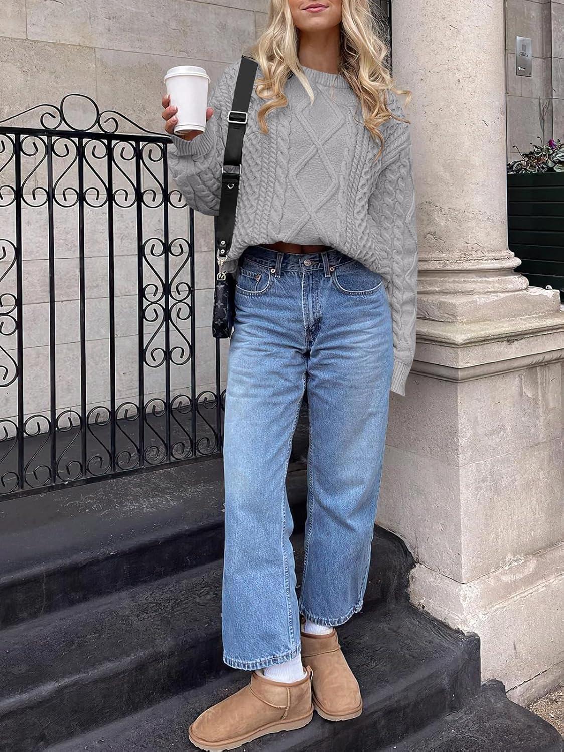 imageANRABESS Sweaters for Women Oversized Crewneck Long Sleeve Casual Loose Cable Knit Pullover Tops 2024 Fall Vintage ClothesLight Grey