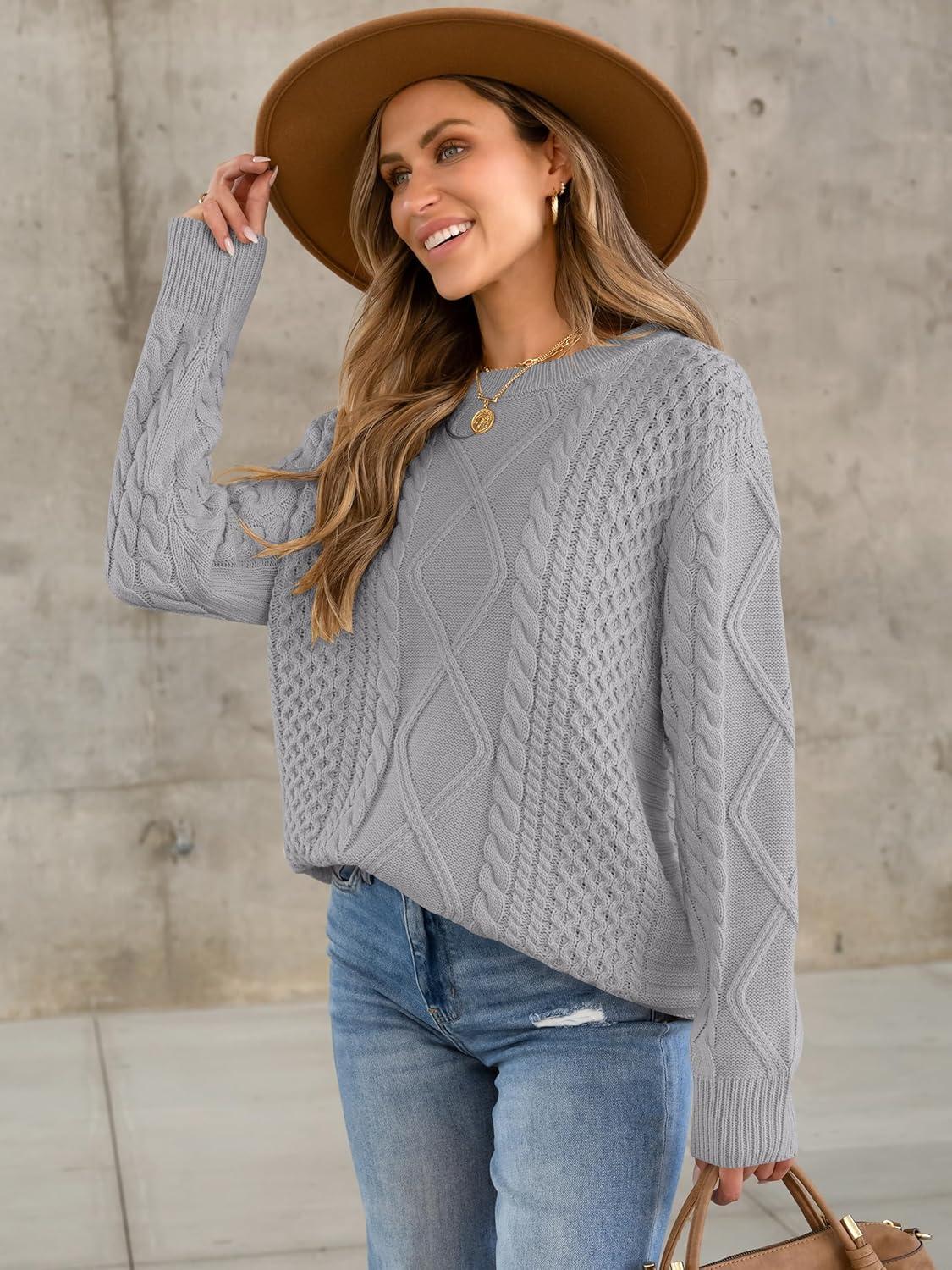 imageANRABESS Sweaters for Women Oversized Crewneck Long Sleeve Casual Loose Cable Knit Pullover Tops 2024 Fall Vintage ClothesLight Grey