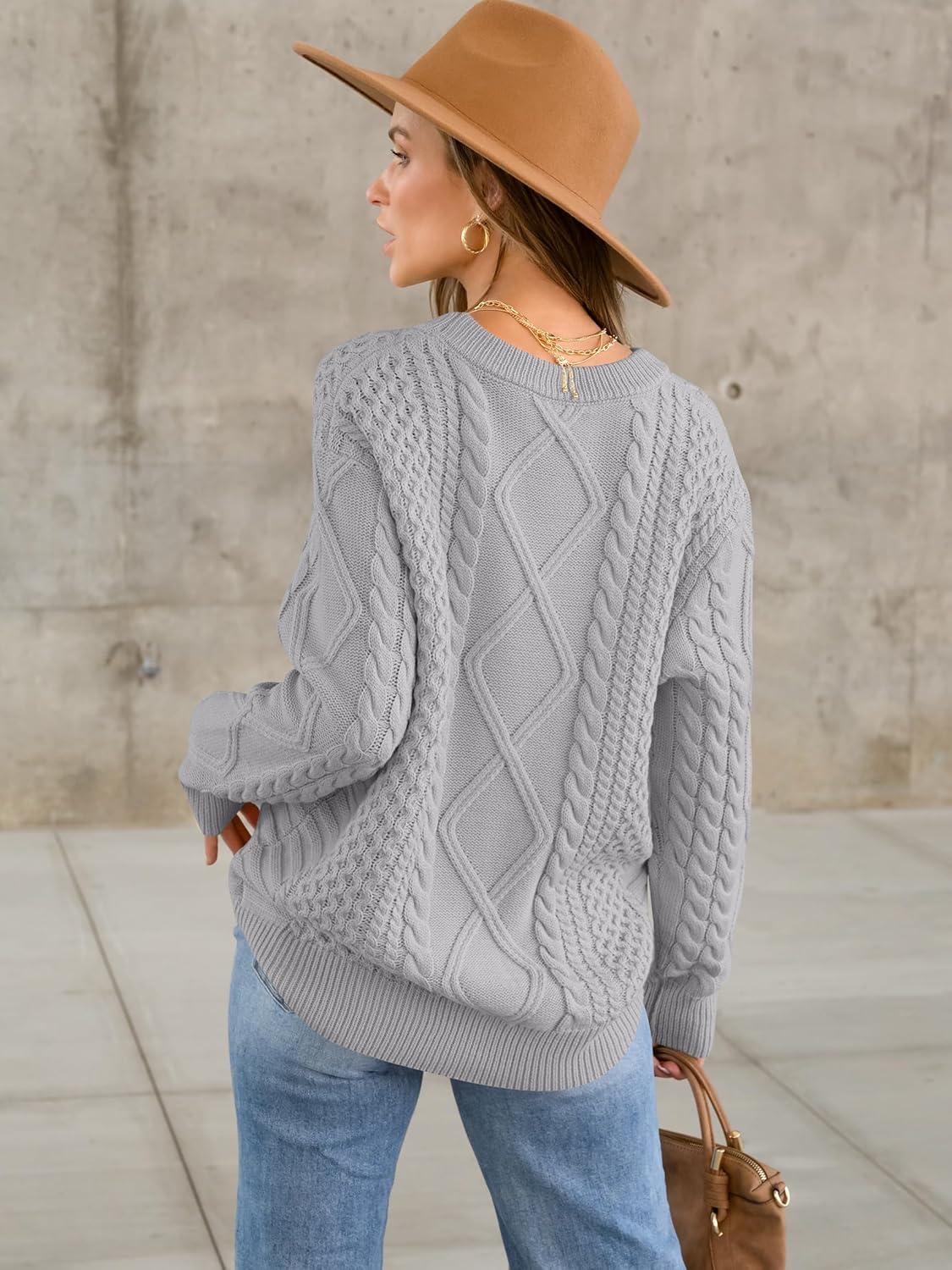 imageANRABESS Sweaters for Women Oversized Crewneck Long Sleeve Casual Loose Cable Knit Pullover Tops 2024 Fall Vintage ClothesLight Grey