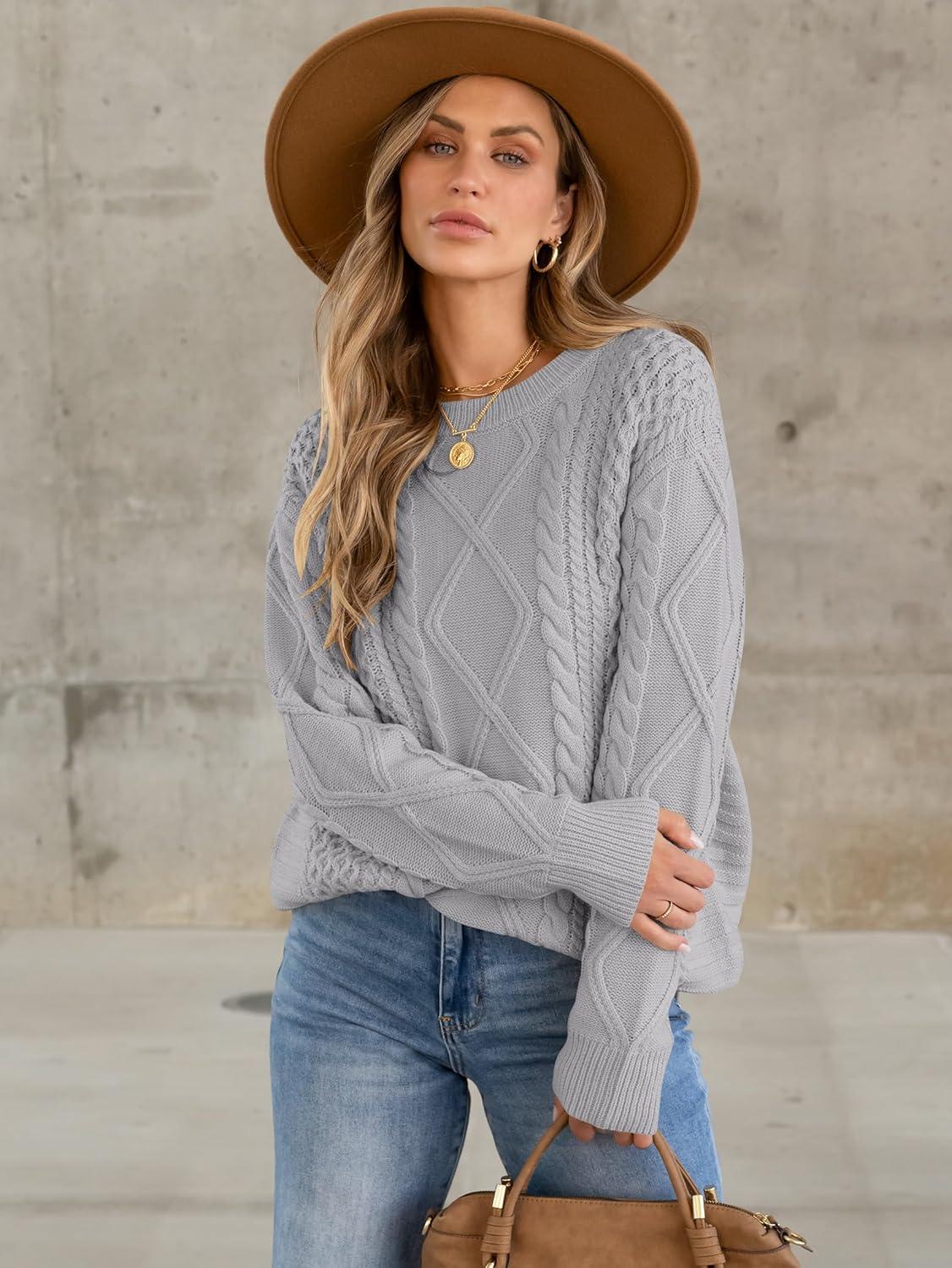 imageANRABESS Sweaters for Women Oversized Crewneck Long Sleeve Casual Loose Cable Knit Pullover Tops 2024 Fall Vintage ClothesLight Grey