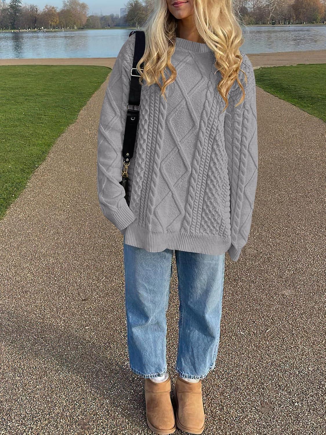 imageANRABESS Sweaters for Women Oversized Crewneck Long Sleeve Casual Loose Cable Knit Pullover Tops 2024 Fall Vintage ClothesLight Grey