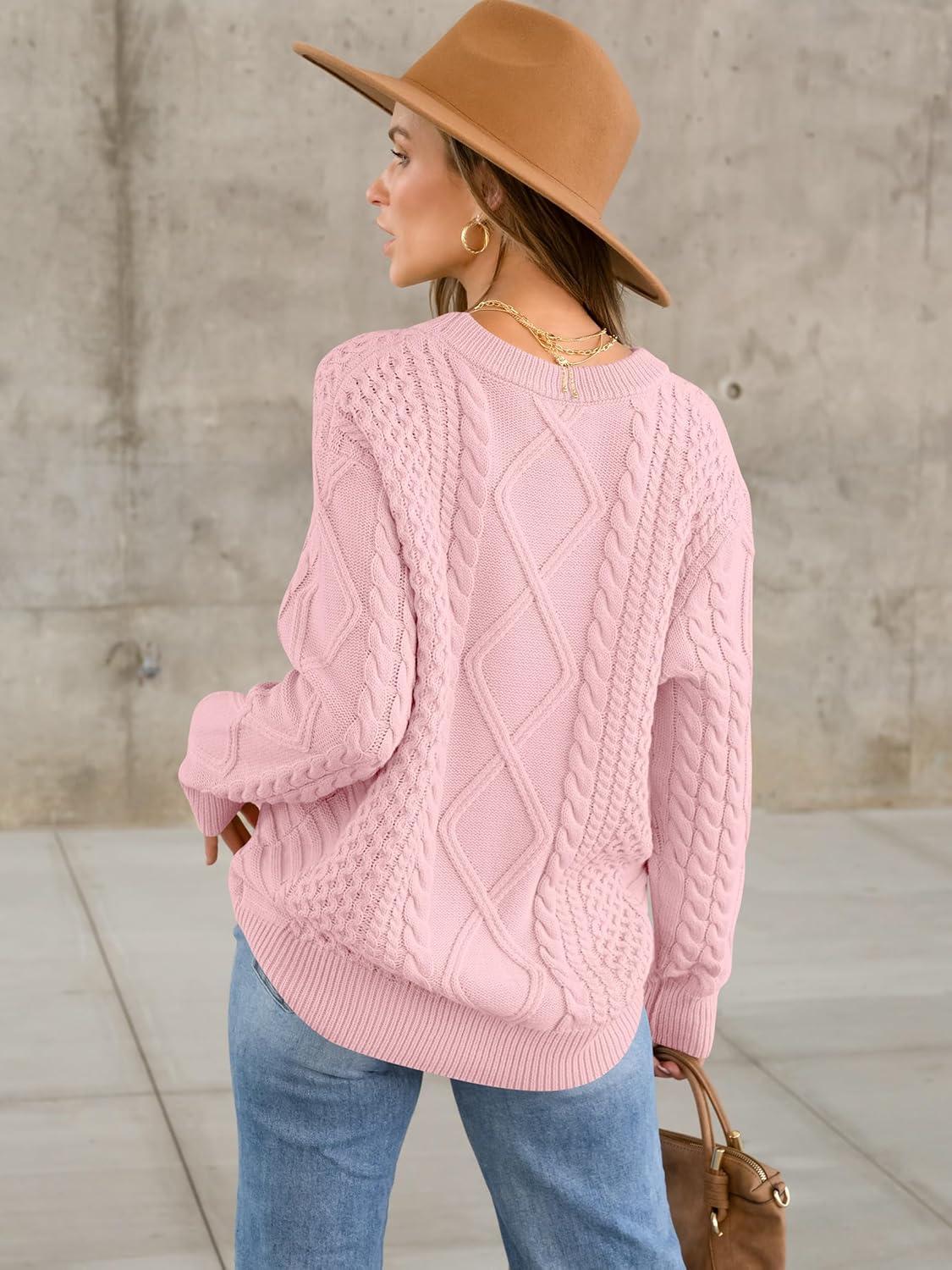 imageANRABESS Sweaters for Women Oversized Crewneck Long Sleeve Casual Loose Cable Knit Pullover Tops 2024 Fall Vintage ClothesLight Pink