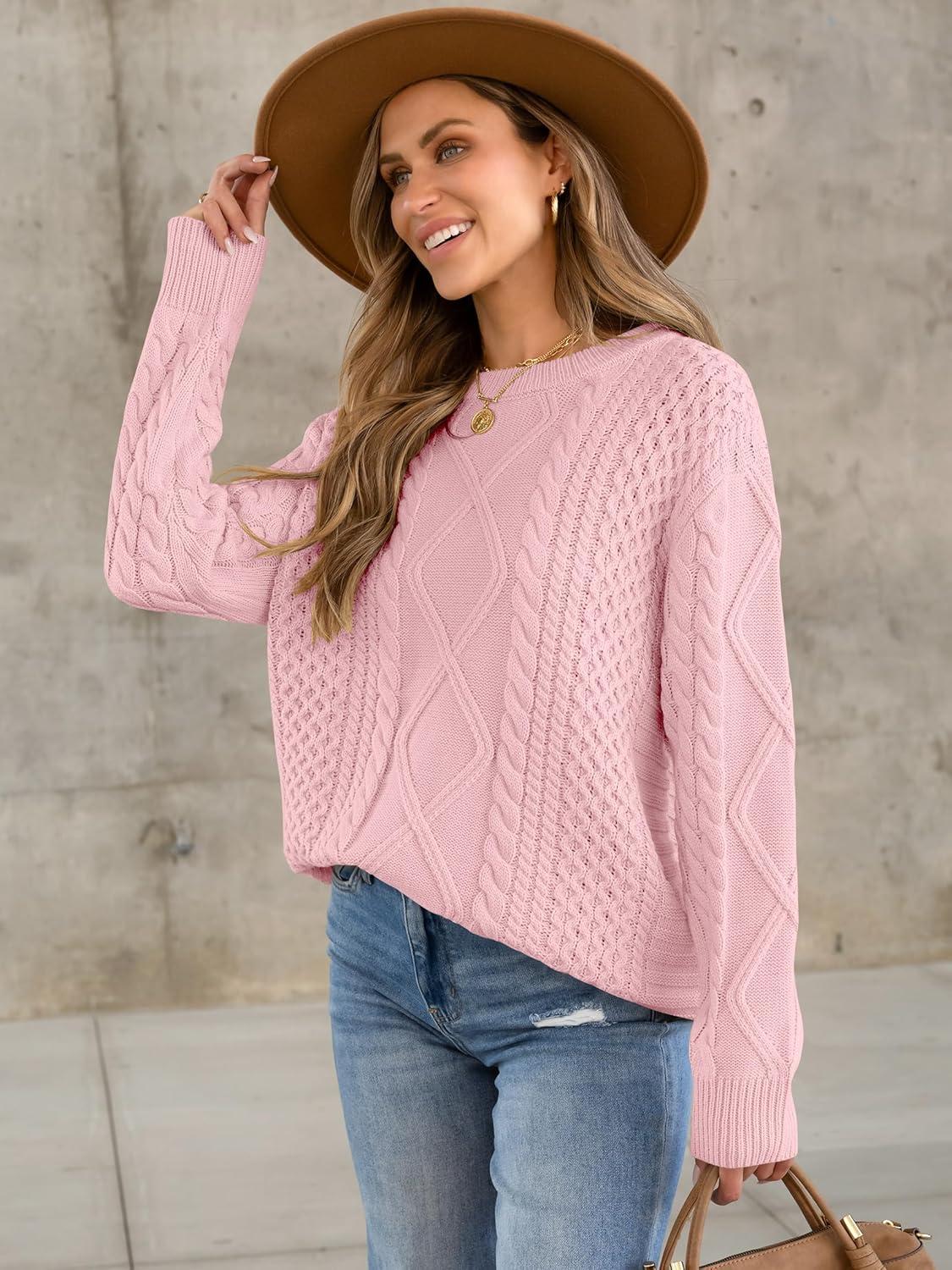 imageANRABESS Sweaters for Women Oversized Crewneck Long Sleeve Casual Loose Cable Knit Pullover Tops 2024 Fall Vintage ClothesLight Pink