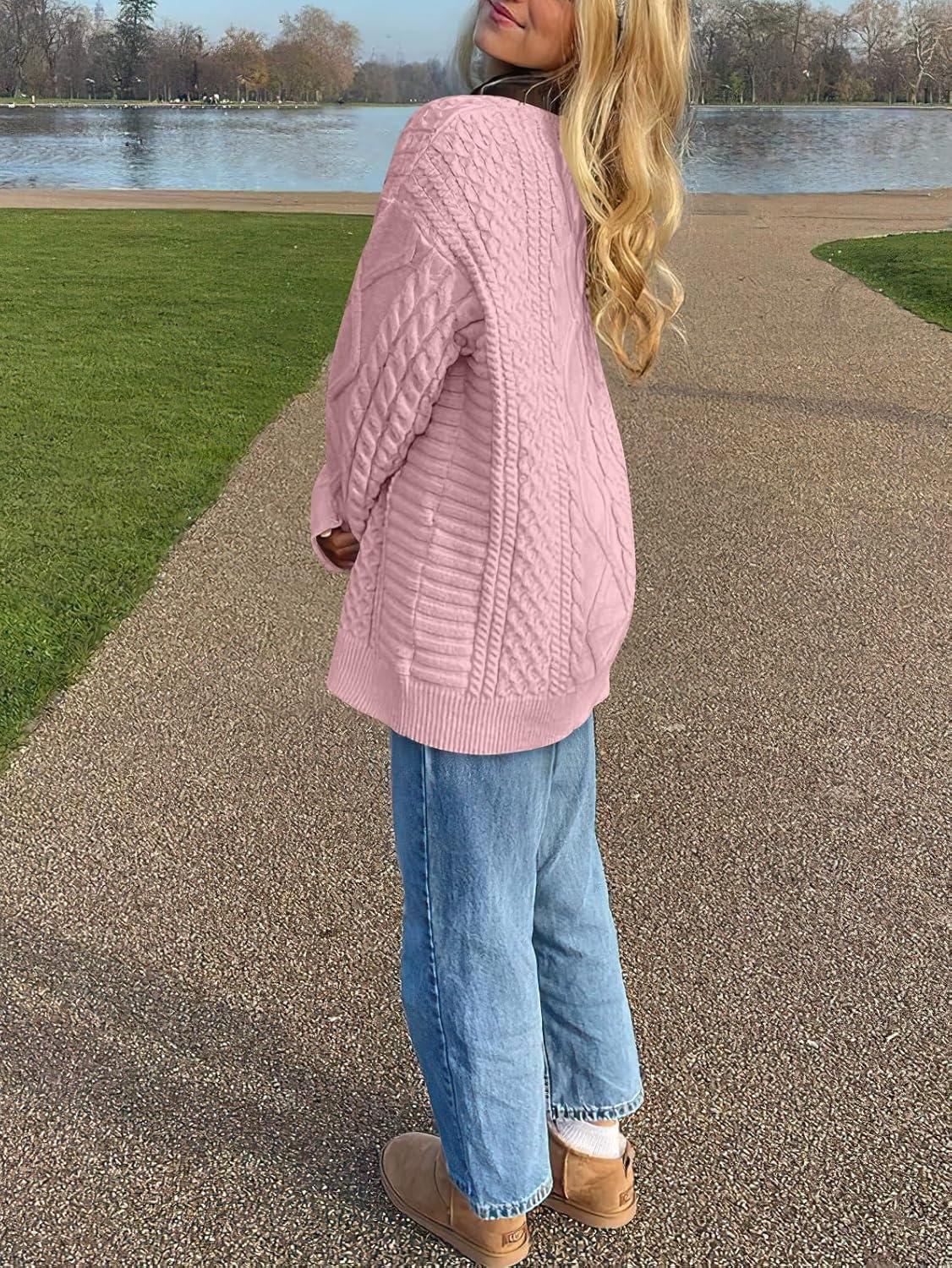 imageANRABESS Sweaters for Women Oversized Crewneck Long Sleeve Casual Loose Cable Knit Pullover Tops 2024 Fall Vintage ClothesLight Pink