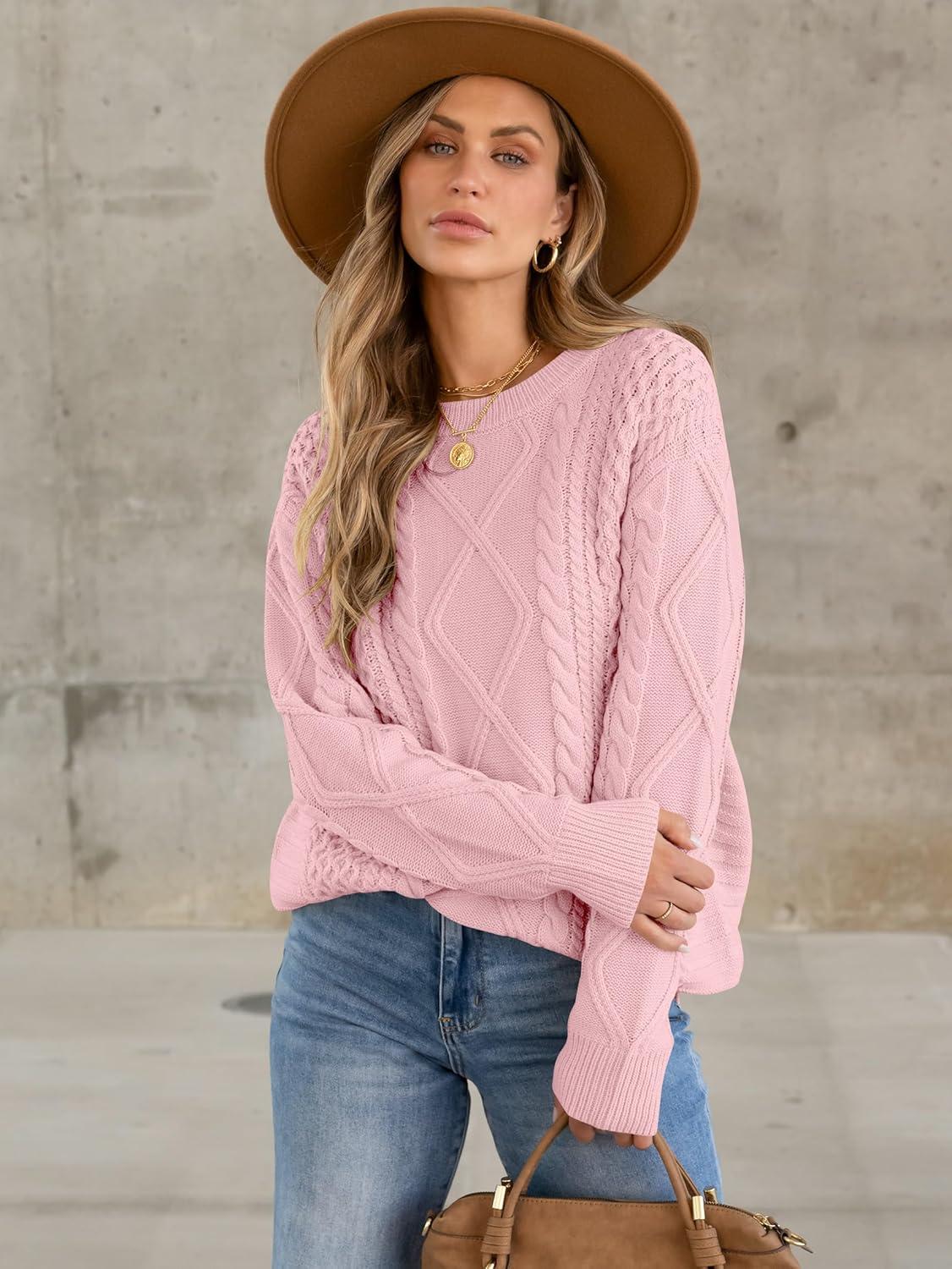 imageANRABESS Sweaters for Women Oversized Crewneck Long Sleeve Casual Loose Cable Knit Pullover Tops 2024 Fall Vintage ClothesLight Pink