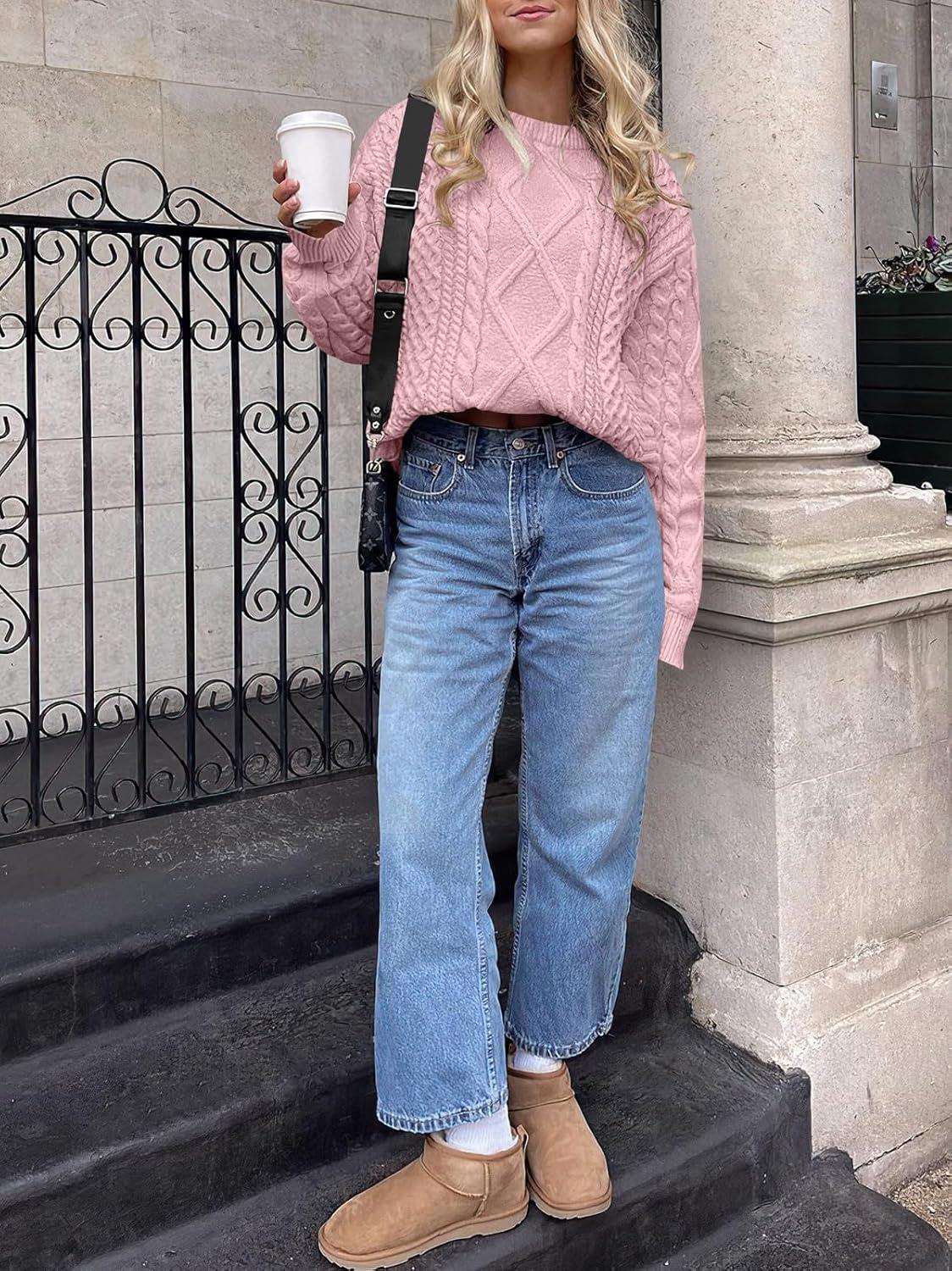 imageANRABESS Sweaters for Women Oversized Crewneck Long Sleeve Casual Loose Cable Knit Pullover Tops 2024 Fall Vintage ClothesLight Pink