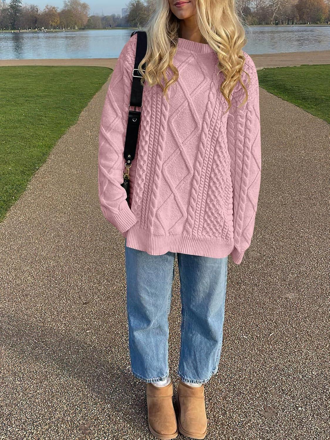imageANRABESS Sweaters for Women Oversized Crewneck Long Sleeve Casual Loose Cable Knit Pullover Tops 2024 Fall Vintage ClothesLight Pink
