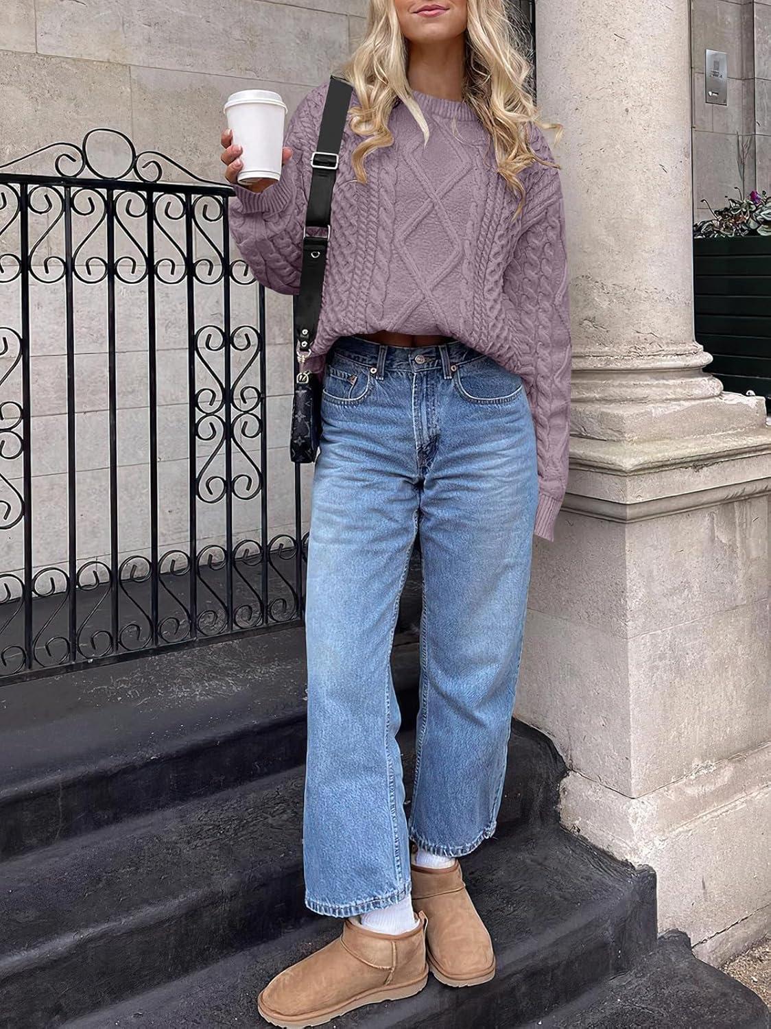 imageANRABESS Sweaters for Women Oversized Crewneck Long Sleeve Casual Loose Cable Knit Pullover Tops 2024 Fall Vintage ClothesPurple