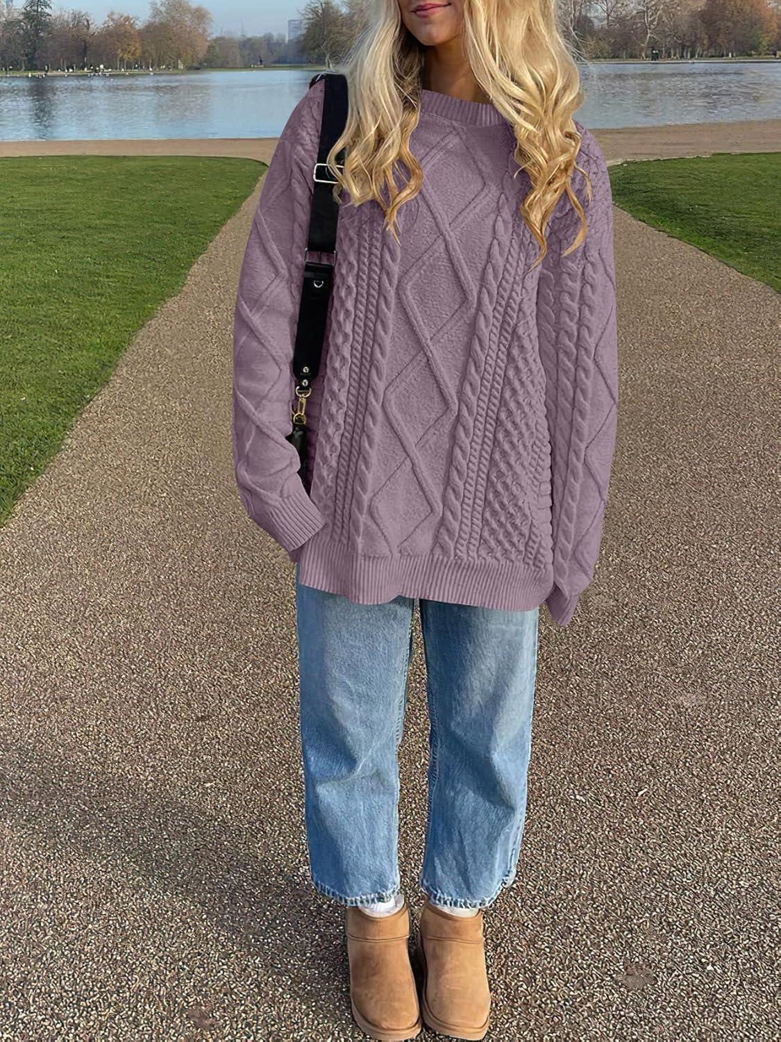 imageANRABESS Sweaters for Women Oversized Crewneck Long Sleeve Casual Loose Cable Knit Pullover Tops 2024 Fall Vintage ClothesPurple