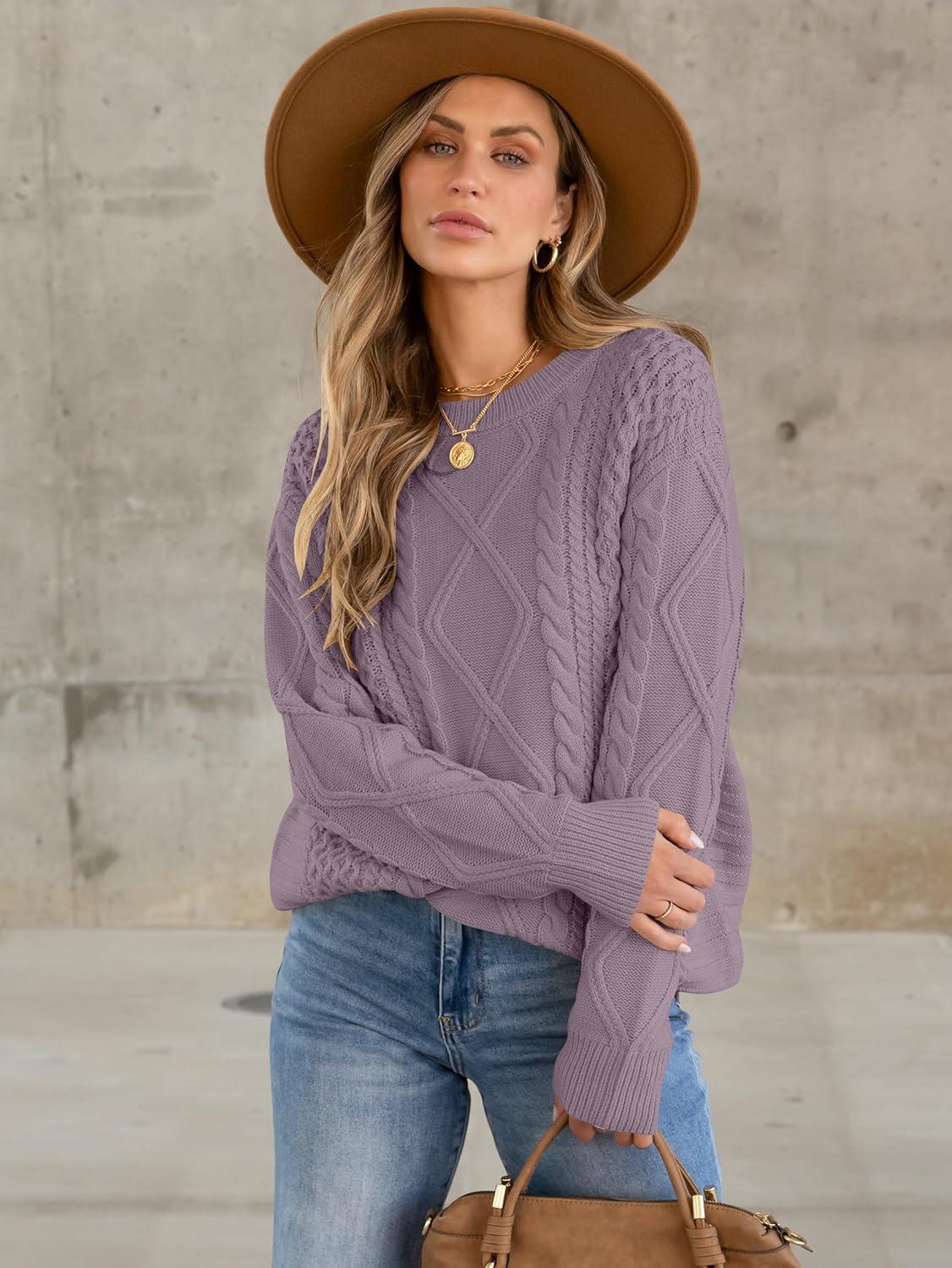 imageANRABESS Sweaters for Women Oversized Crewneck Long Sleeve Casual Loose Cable Knit Pullover Tops 2024 Fall Vintage ClothesPurple