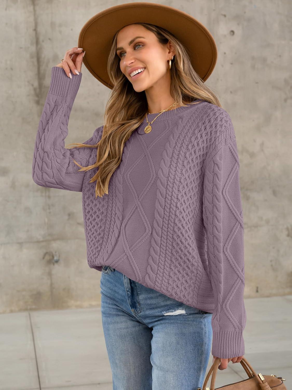 imageANRABESS Sweaters for Women Oversized Crewneck Long Sleeve Casual Loose Cable Knit Pullover Tops 2024 Fall Vintage ClothesPurple