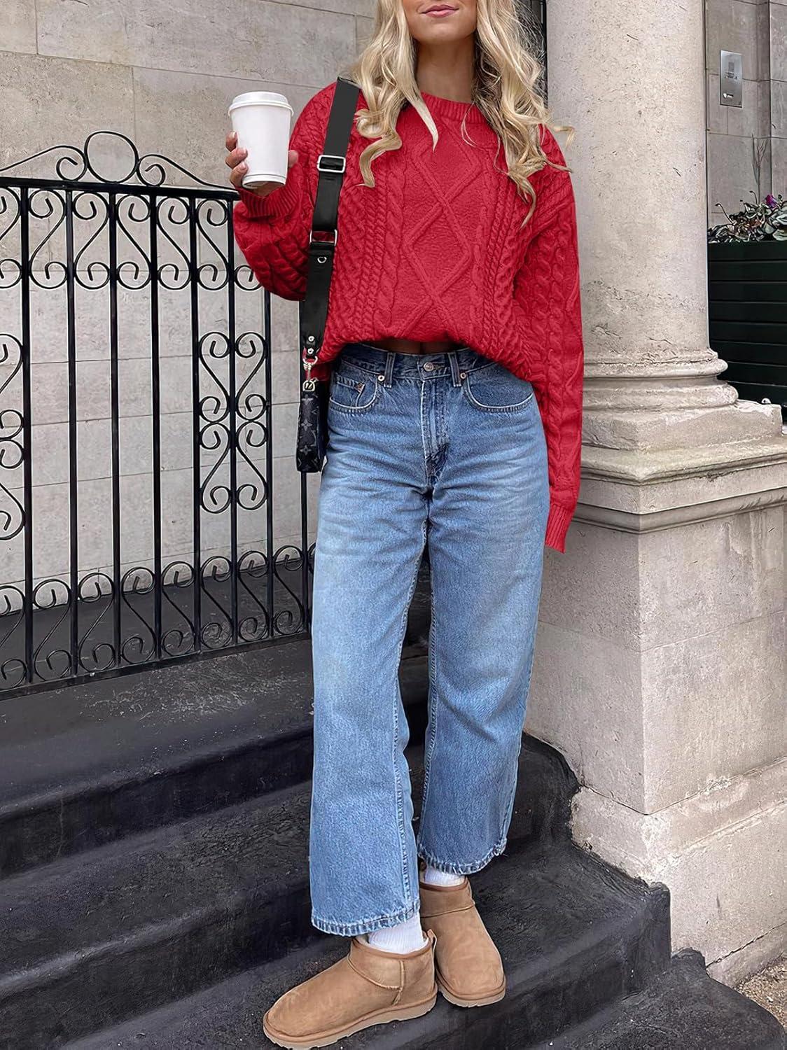 imageANRABESS Sweaters for Women Oversized Crewneck Long Sleeve Casual Loose Cable Knit Pullover Tops 2024 Fall Vintage ClothesRed