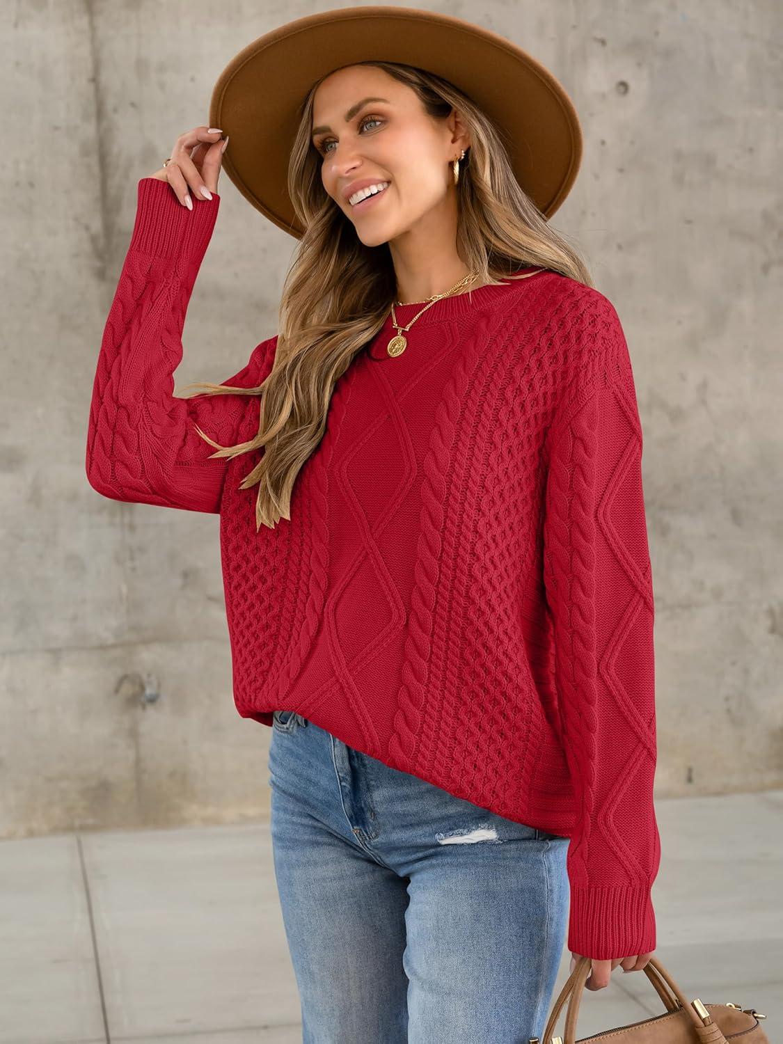 imageANRABESS Sweaters for Women Oversized Crewneck Long Sleeve Casual Loose Cable Knit Pullover Tops 2024 Fall Vintage ClothesRed