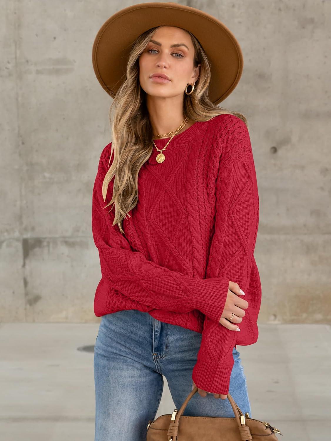imageANRABESS Sweaters for Women Oversized Crewneck Long Sleeve Casual Loose Cable Knit Pullover Tops 2024 Fall Vintage ClothesRed