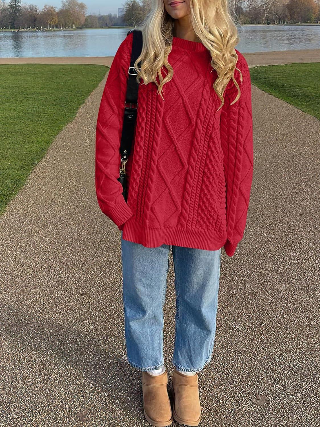 imageANRABESS Sweaters for Women Oversized Crewneck Long Sleeve Casual Loose Cable Knit Pullover Tops 2024 Fall Vintage ClothesRed