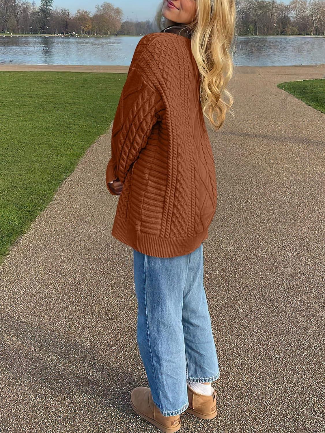 imageANRABESS Sweaters for Women Oversized Crewneck Long Sleeve Casual Loose Cable Knit Pullover Tops 2024 Fall Vintage ClothesRust