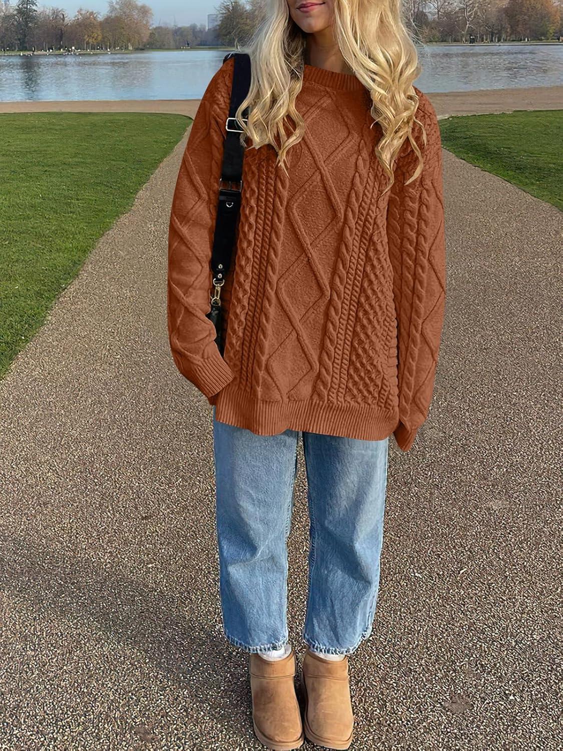 imageANRABESS Sweaters for Women Oversized Crewneck Long Sleeve Casual Loose Cable Knit Pullover Tops 2024 Fall Vintage ClothesRust