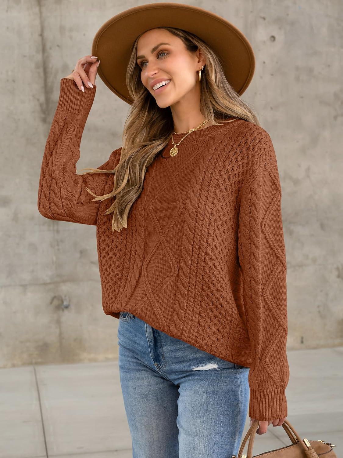 imageANRABESS Sweaters for Women Oversized Crewneck Long Sleeve Casual Loose Cable Knit Pullover Tops 2024 Fall Vintage ClothesRust
