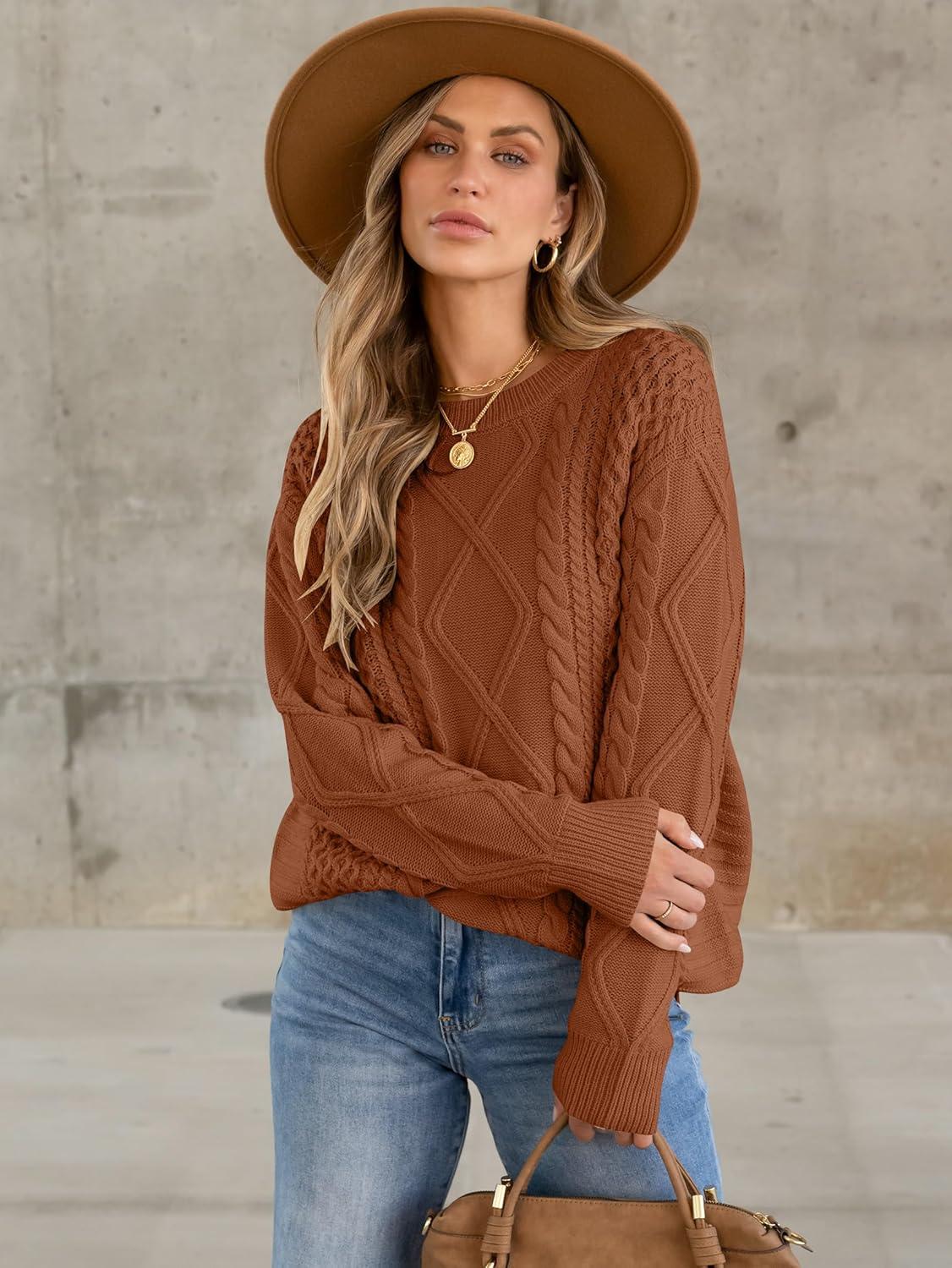 imageANRABESS Sweaters for Women Oversized Crewneck Long Sleeve Casual Loose Cable Knit Pullover Tops 2024 Fall Vintage ClothesRust