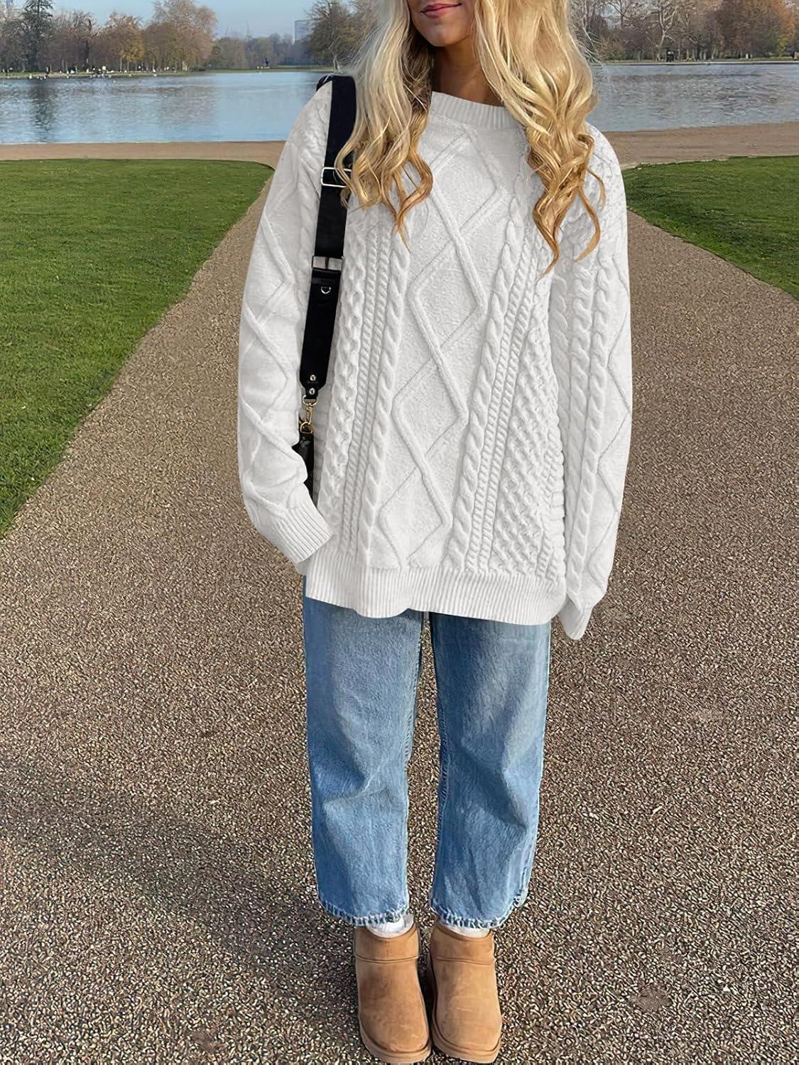 imageANRABESS Sweaters for Women Oversized Crewneck Long Sleeve Casual Loose Cable Knit Pullover Tops 2024 Fall Vintage ClothesWhite Cream