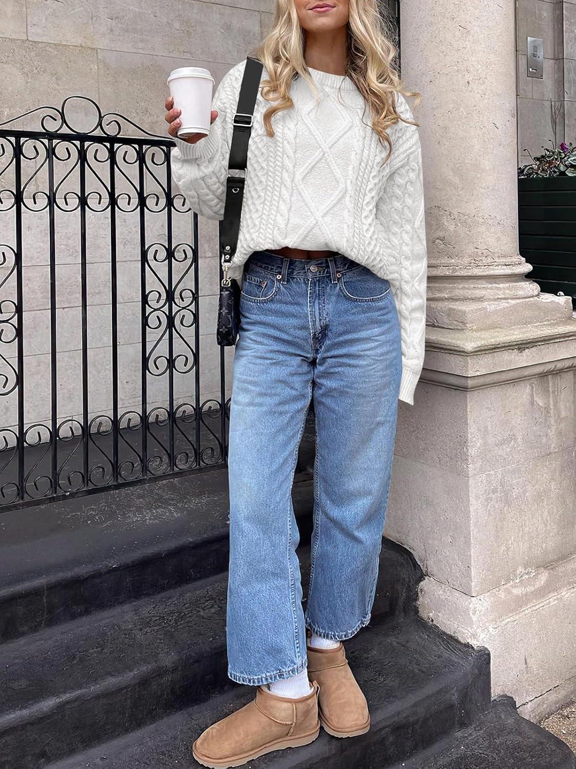 imageANRABESS Sweaters for Women Oversized Crewneck Long Sleeve Casual Loose Cable Knit Pullover Tops 2024 Fall Vintage ClothesWhite Cream